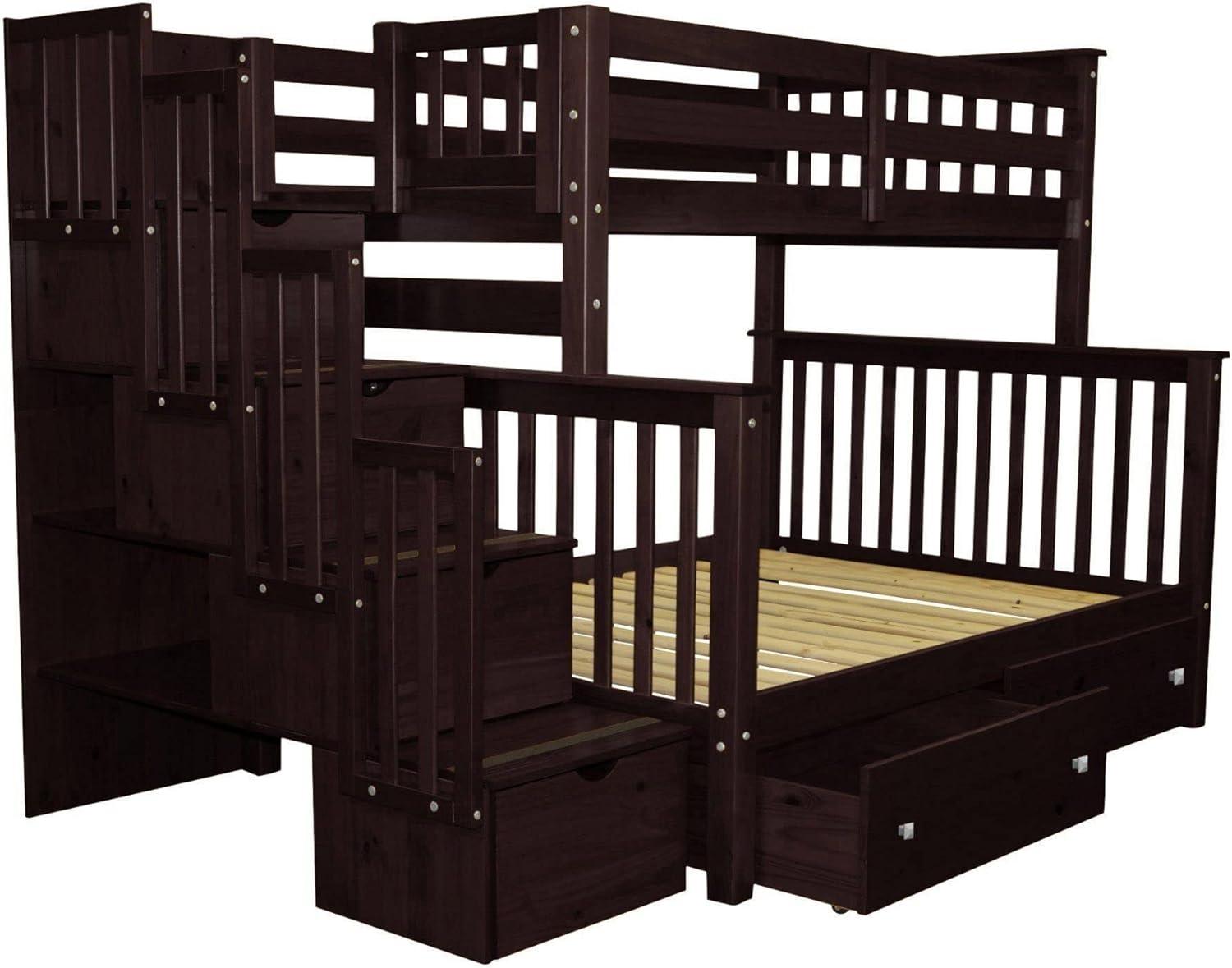 Bedz King Stairway Bunk Beds Twin over Full with 4 Drawers in the Steps and 2 Under Bed Drawers, Dark Cherry