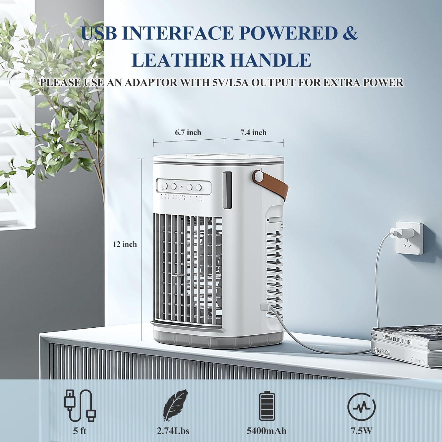 Portable Air Conditioners, 3-1 Mini Evaporative Air Cooler w/Remote, 1.2L Water Tank & 2 Ice Packs, 1-7H Timer, 5400mAh Battery With USB Charging, Personal Fan For Desktop Home Office Outdoors