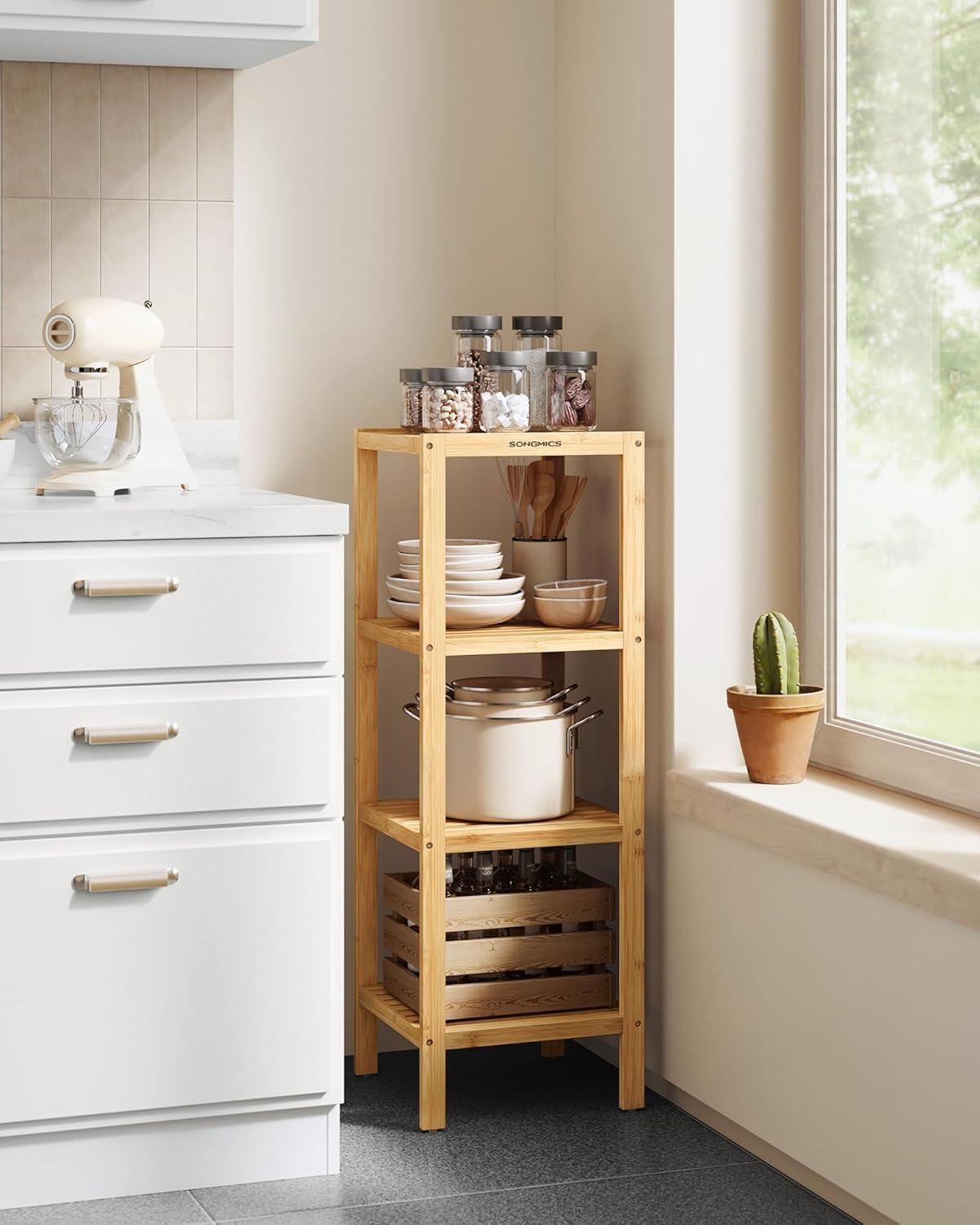 Natural Bamboo 4-Tier Floor Mount Shelf for Entryway and Bathroom