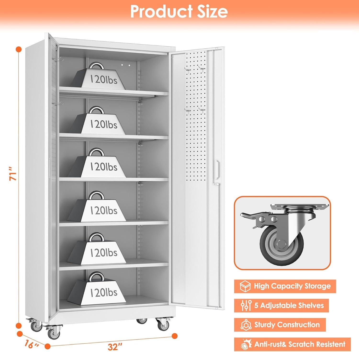 AOBABO 72 Inch Locking Metal Garage Home Office Storage Cabinet with Universal Rubber Wheels/Lockable Casters and Magnetic Doors, White