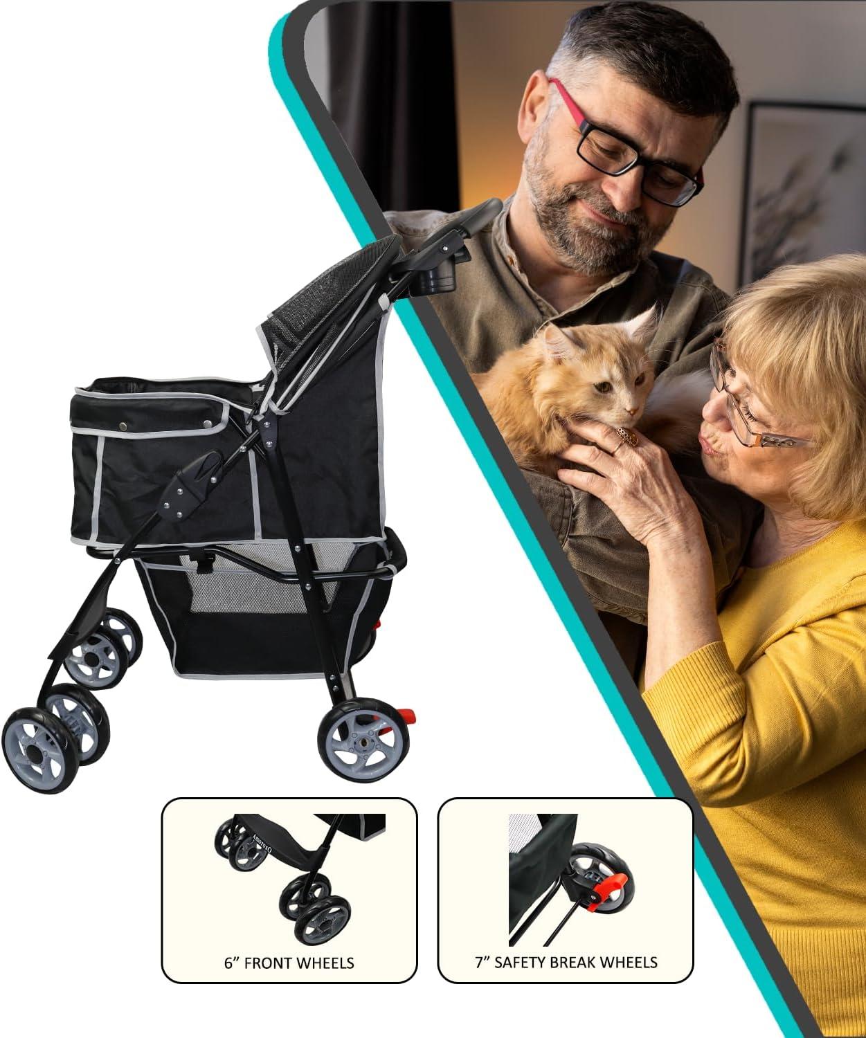 Black Polyester Pet Stroller with Storage Basket