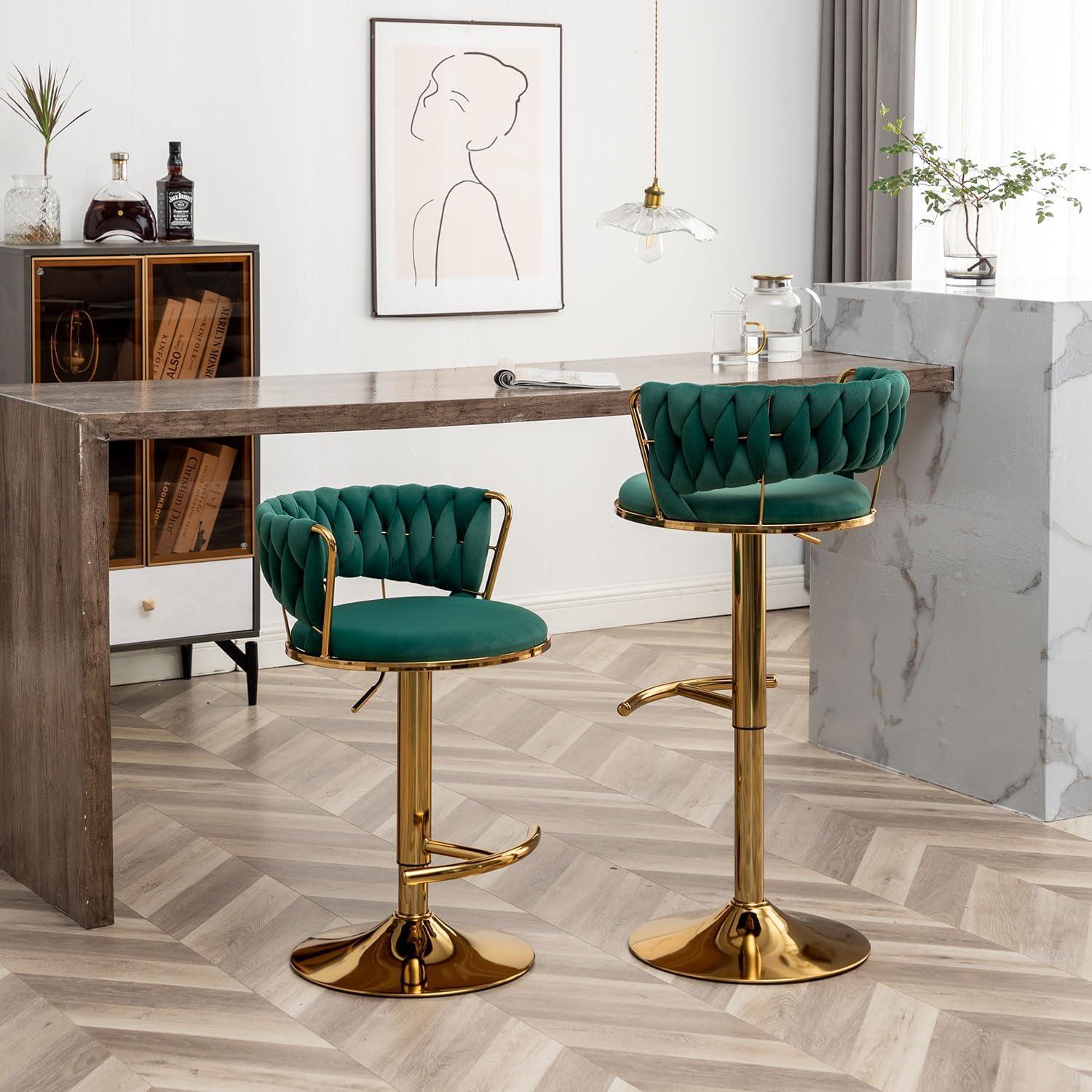 Emerald Green Velvet Adjustable Swivel Bar Stools with Gold Base, Set of 2