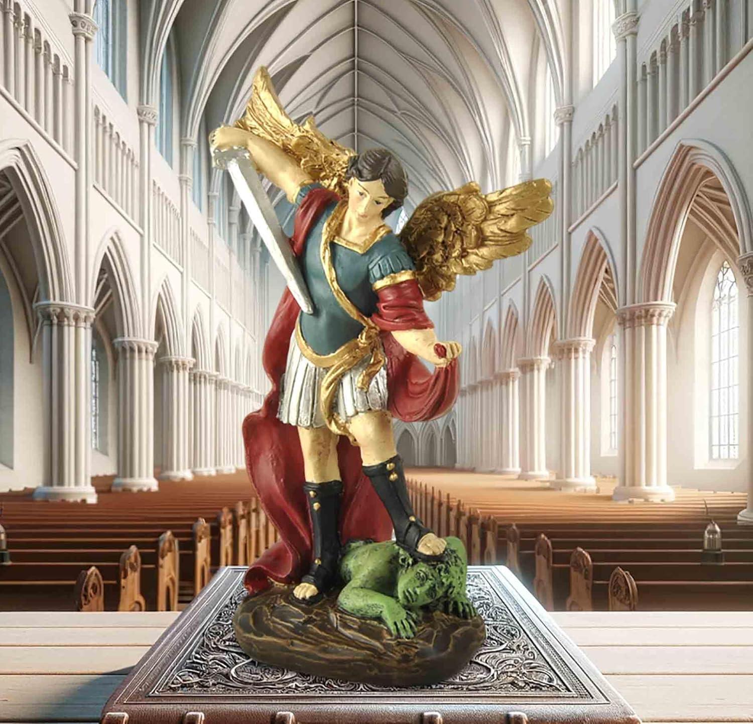 San Miguel Archangel Statue - Saint Michael Statue Miguel Archangel Statue Defeated Lucifer Tramples Demon Statue, Religious Collectible Angel Sculpture, 5.31 Inch