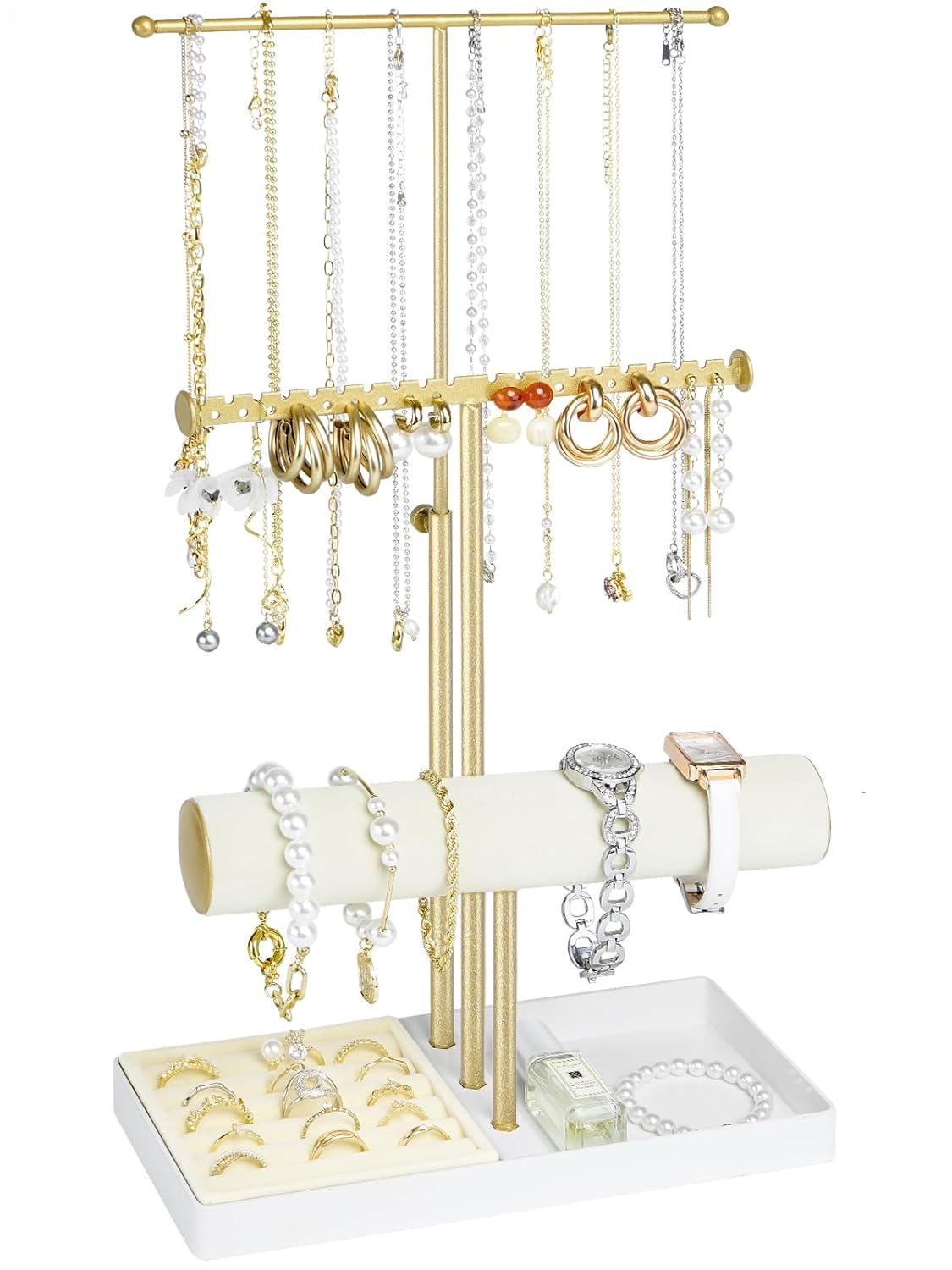 Jenseits Jewelry Organizer Stand Necklace Holder Organizer, 3-Tier Earrings Organizer w/Bracelet Storage Display & Velvet Ring Tray, Cute Metal Aesthetic Jewelry Tower Rack for Women Girls - Gold C47
