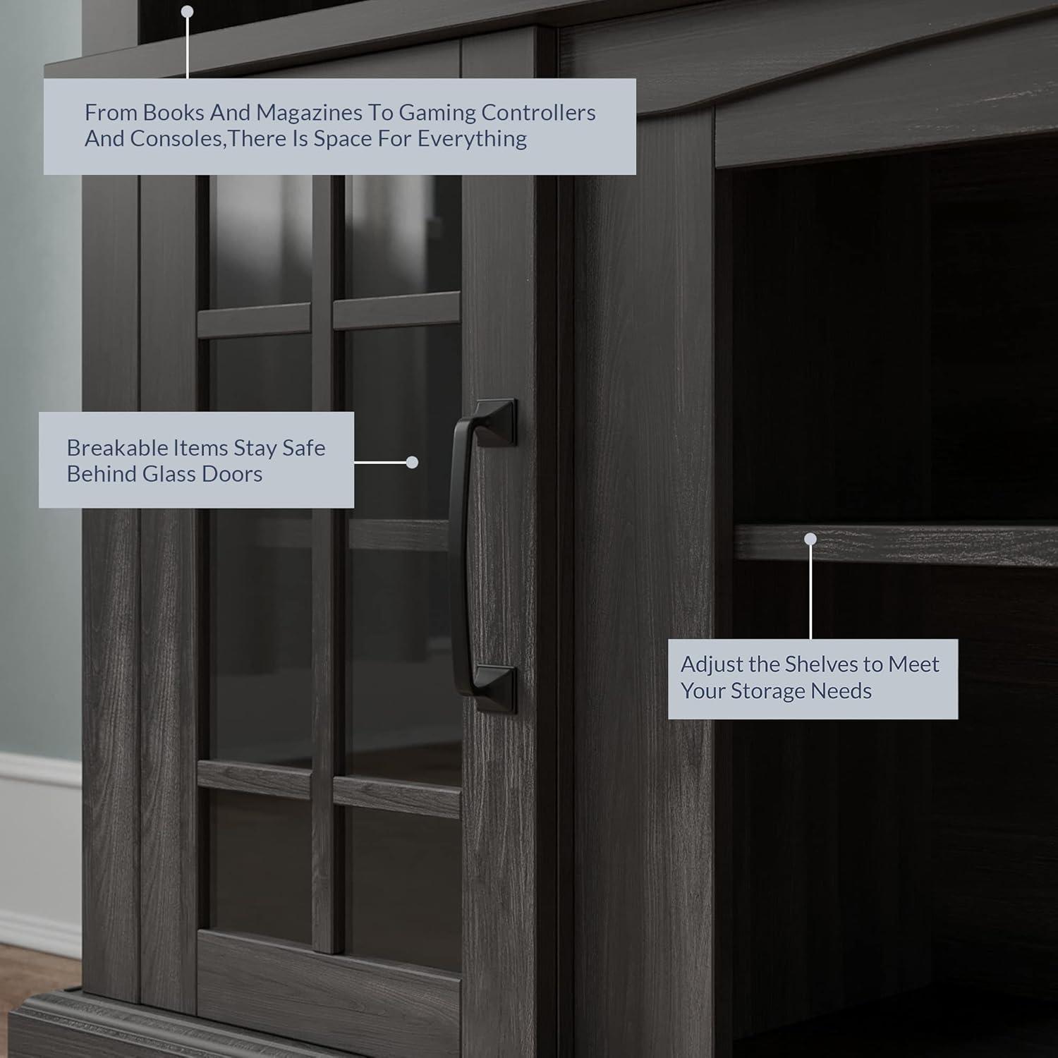 BELLEZE 58 Inch TV Stand, Rustic Wood Entertainment Center for TVs up to 65",  Contemporary Media Console Table with Two Open Shelves and Glass Door Cabinets - Astorga (Rustic Grey)