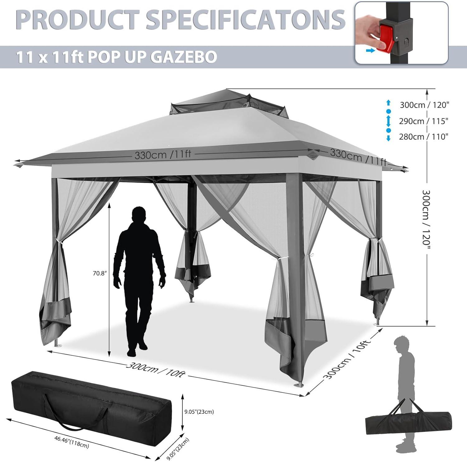 COBIZI Outdoor Canopy Gazebo 11x11 Pop up Gazebo Patio Gazebo with Mosquito Netting Outdoor Canopy Shelter with 121 Square feet of Shade for Outdoor Lawn, Garden, Backyard and Deck, Gray