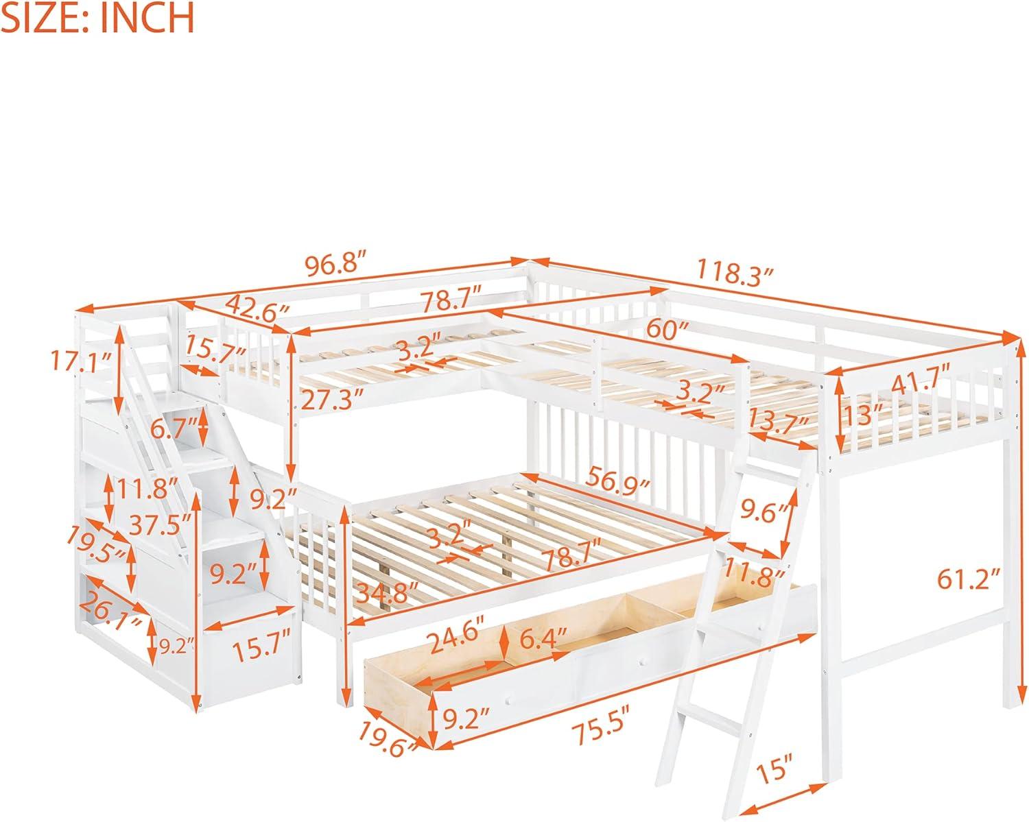L Shaped Bunk Bed for 3, Triple Bunk Bed with 3 Drawers and Storage Stairs, Twin Over Full Bunk Bed & Twin Size Loft Bed, Wood Corner Beds for Kids, Teens, Adults. No Box Spring Needed(White)