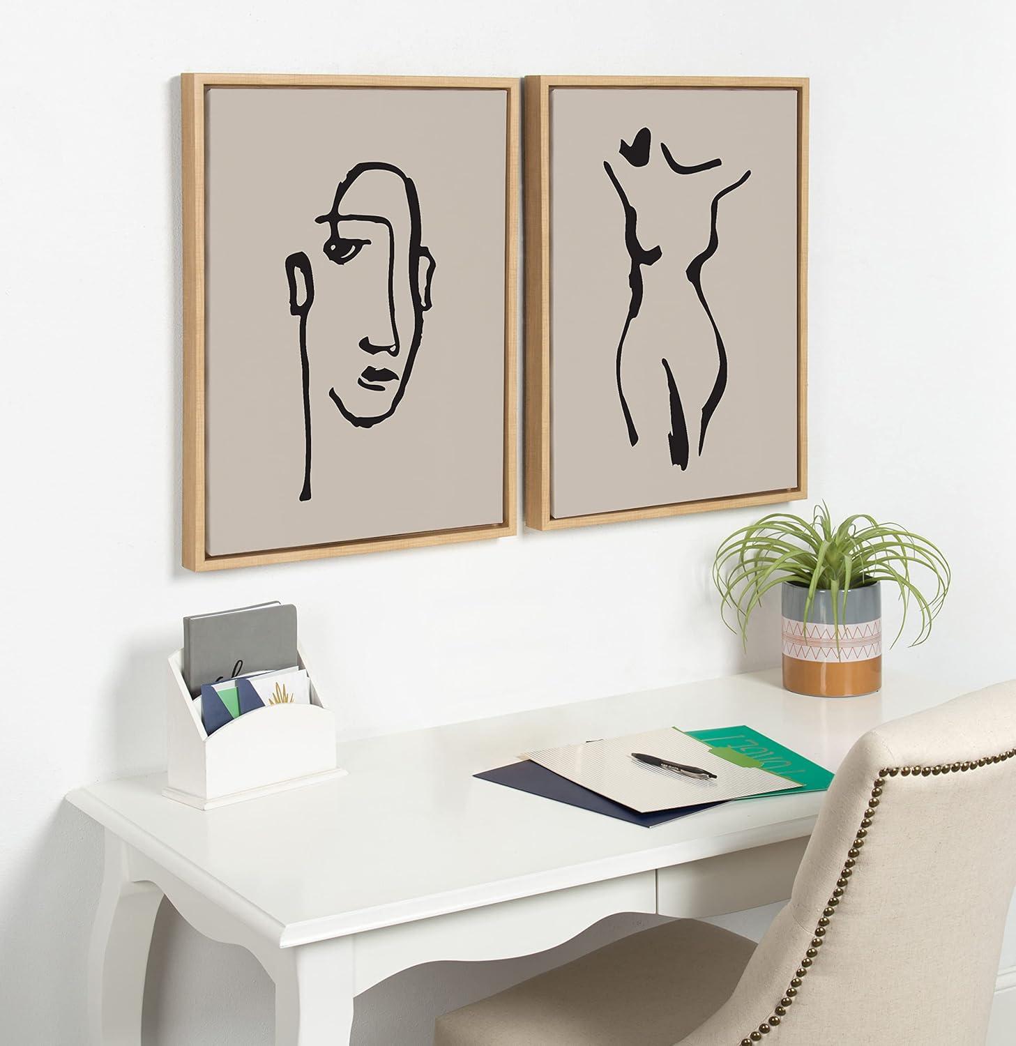 Kate and Laurel Sylvie Minimalist Neutral Line Art Drawing Face Framed Canvas by The Creative Bunch Studio, 18x24, Natural