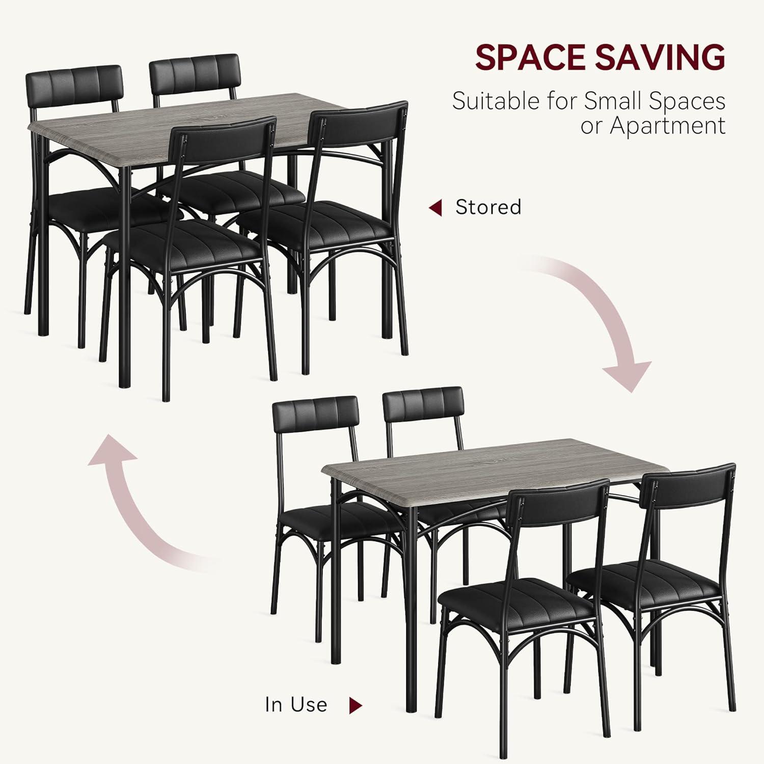 Dining Table Set for 4, Kitchen Table and Chairs, Metal and Wood Rectangular Dining Room Table Set with 4 Upholstered Chairs, 5 Piece Dining Set for Small Space, Apartment, Grey