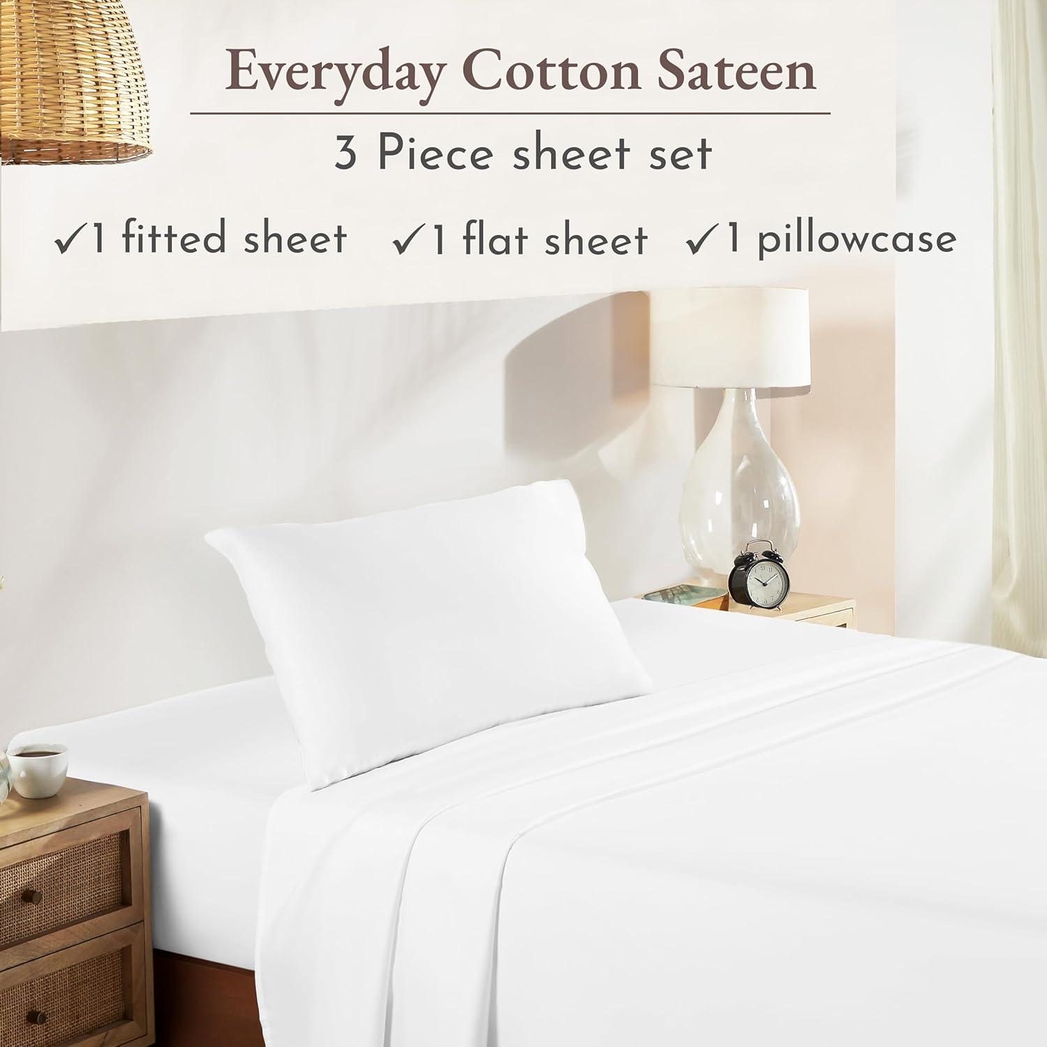 Soft 100% Cotton Sheets Set - Cooling Durable Sateen, Deep Pocket - by California Design Den - Bright White, Twin