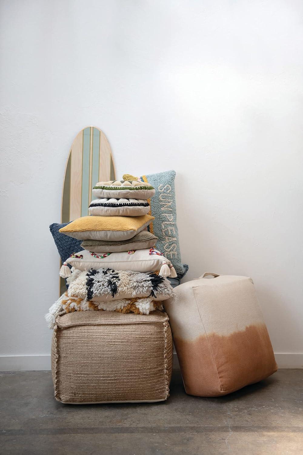 Creative Co-Op Woven Cotton Punch Hook Lumbar Pillow with "Sun Please" Design