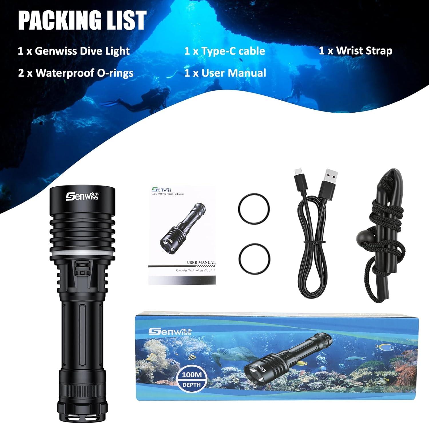 Genwiss Dive Light 2000 Lumen, 150M Waterproof Flashlight, Underwater Flashlight with Type-C Charging, Professional Diving Flashlight for Scuba Diving