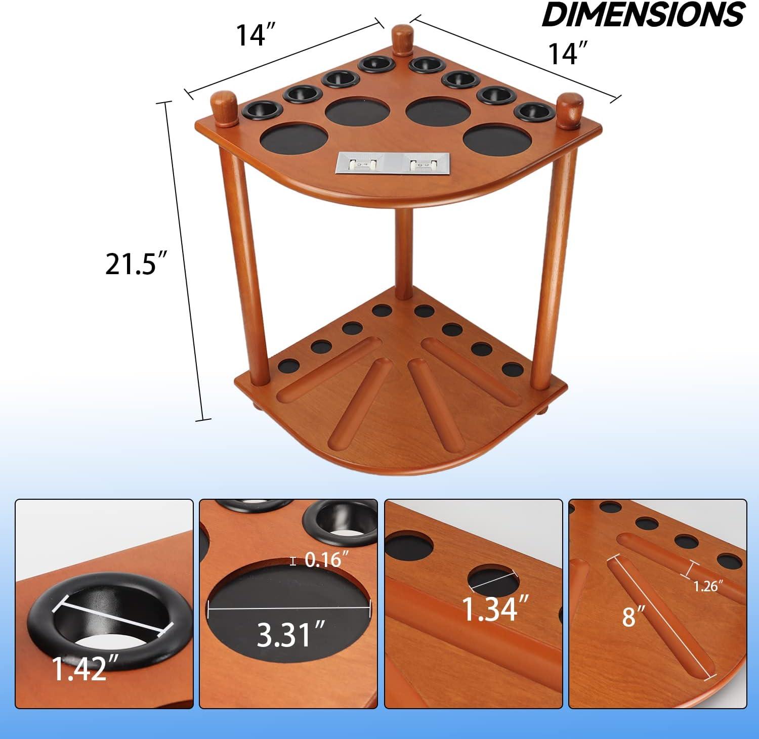 GSE Wooden Corner-Style Floor Stand Billiard Pool Cue Rack with Score Counters, Holds 8 Pool Cue Stick and Full Set of Pool Balls