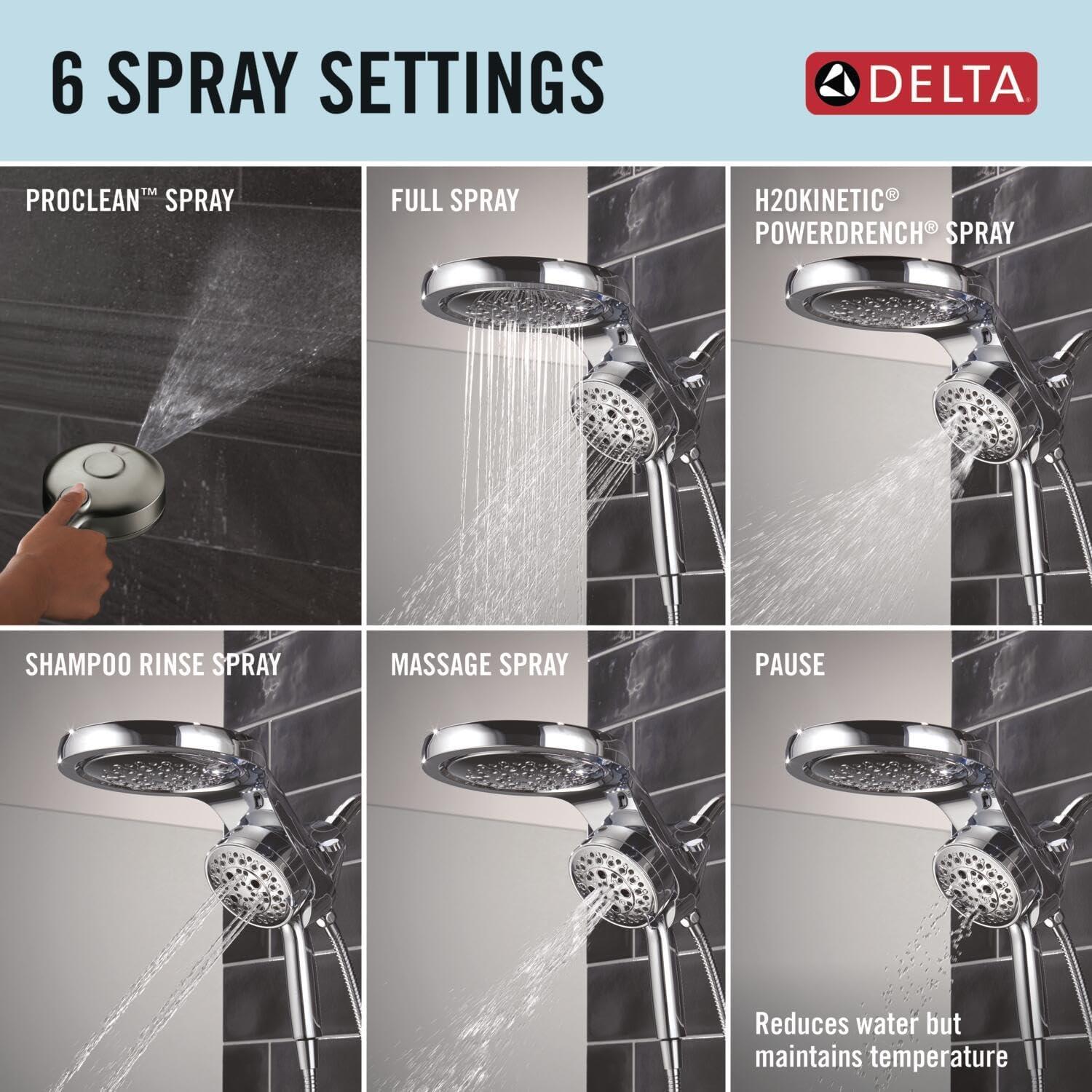 6-Setting HydroRain 2-in-1 Dual Shower Head with ProClean Spray, 1.75 GPM