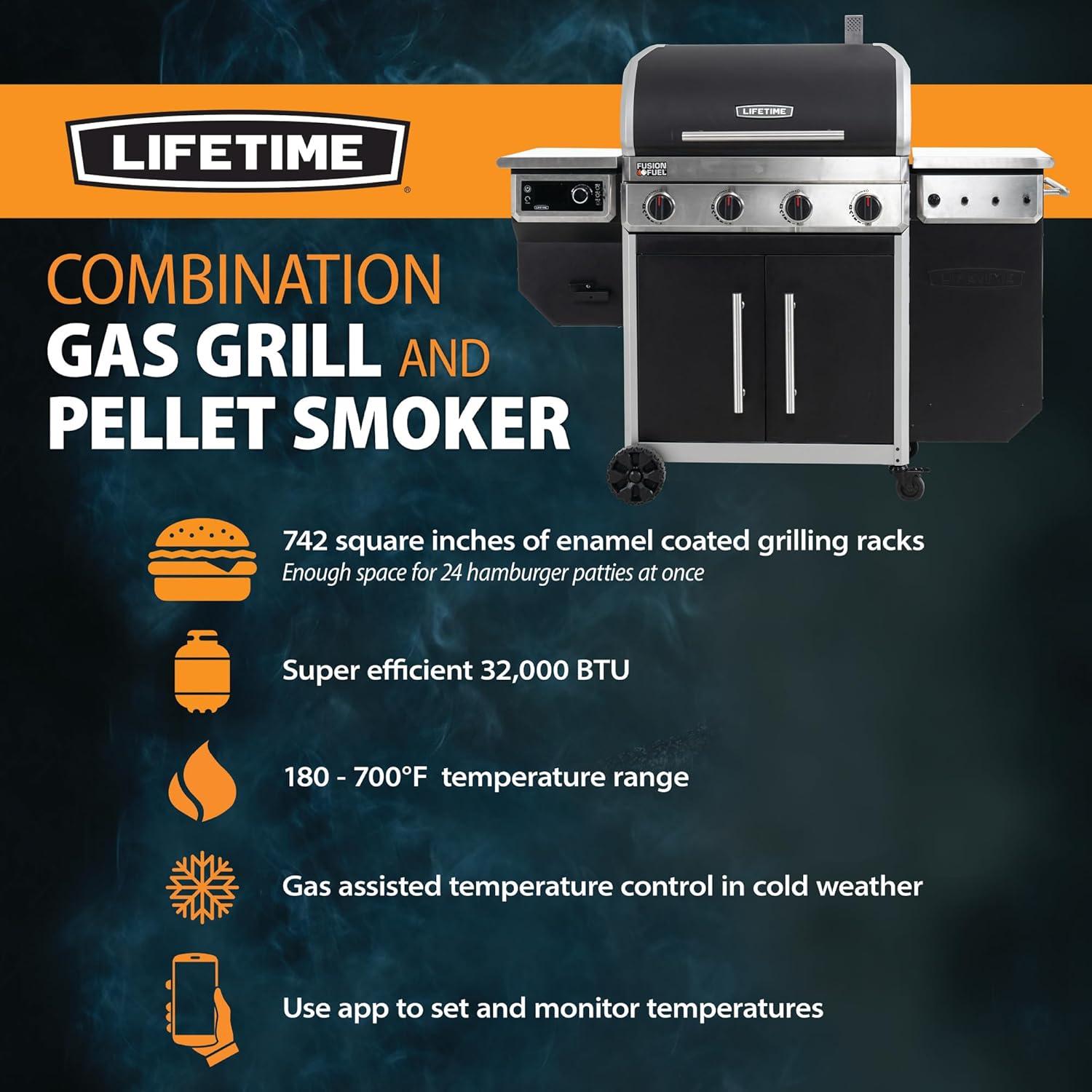Lifetime 4 Burner Gas Grill and Wood Pellet Smoker Combo, Wifi and Bluetooth Control Technology