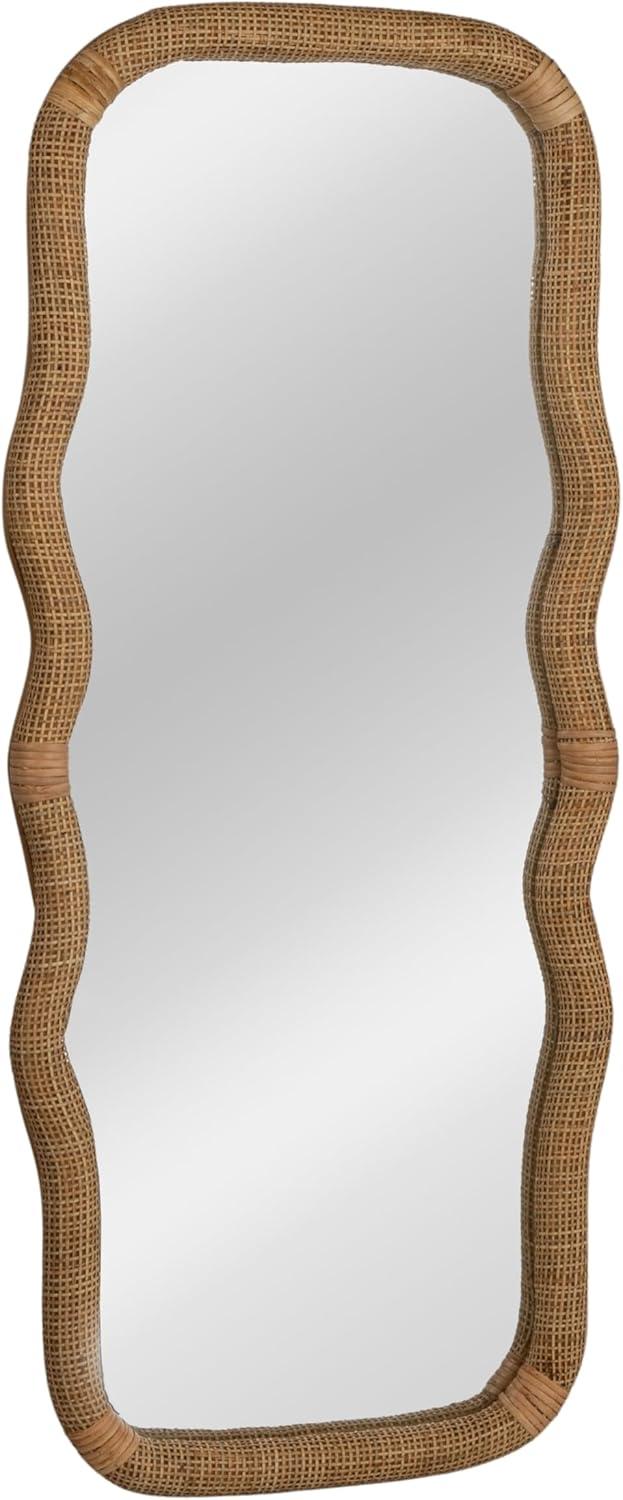 Storied Home Wavy Rectangle Handwoven Rattan Cane Wall Mirror, Natural