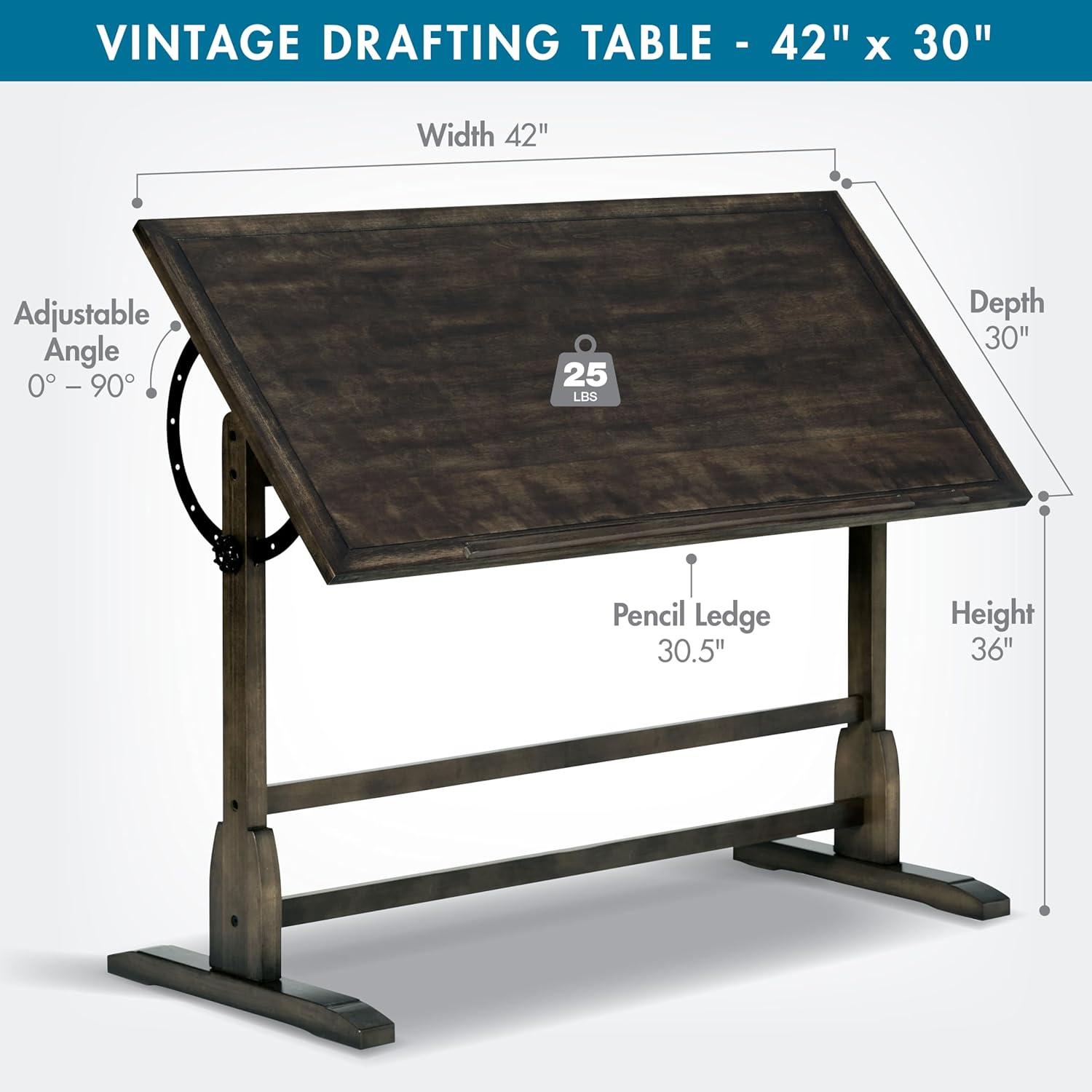Vintage Solid Wood Drawing/Drafting Table with 42" x 30" Adjustable Tilting Top
