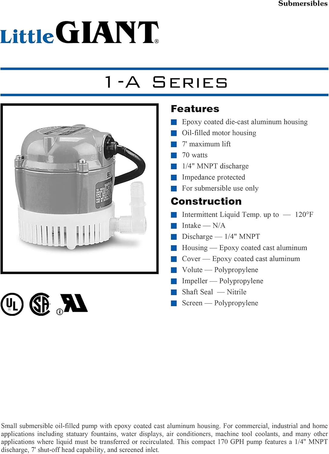 Little Giant 1-A 170 GPH 1/200 HP Permanently Oiled Direct Drive Pump | 500203