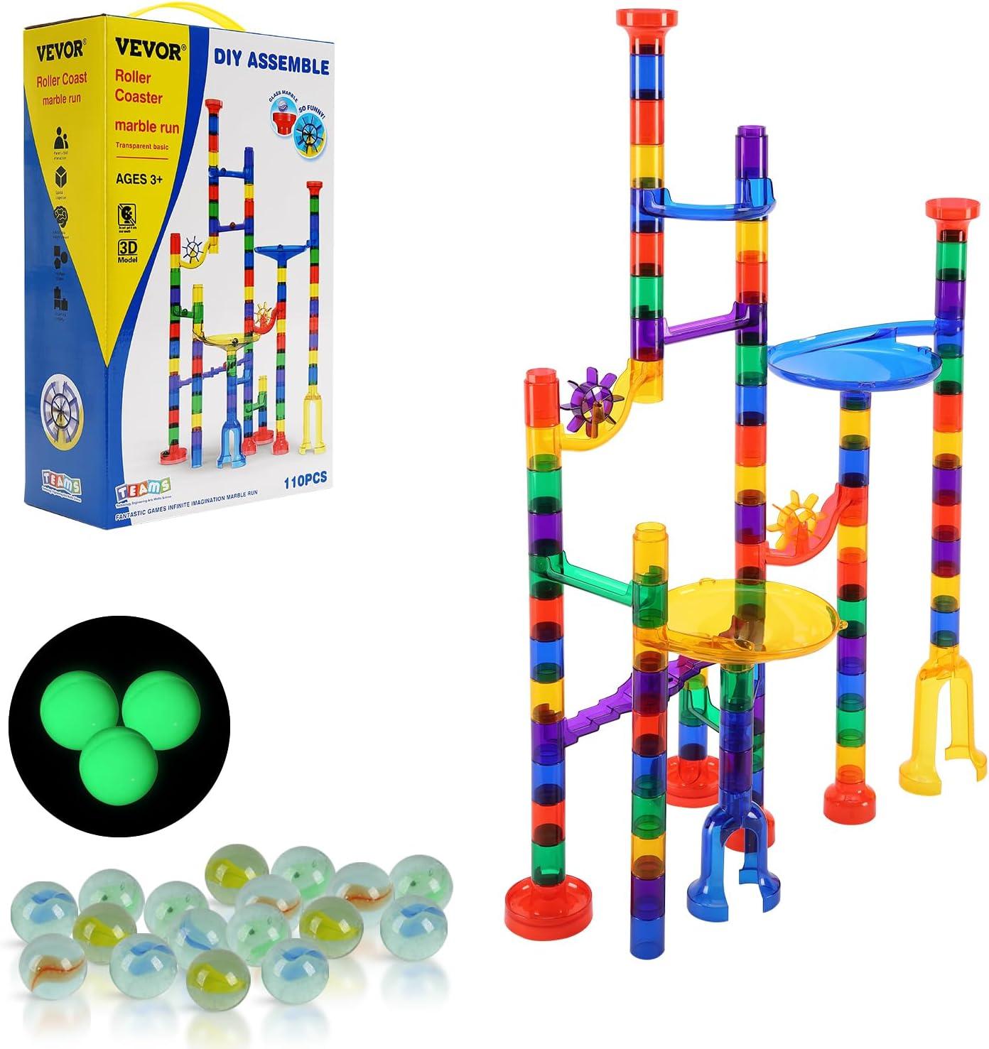 VEVOR Marble Run Set, 110 Piece Marble Maze Building Block Brain Game, with 10 Glow in the Dark Marbles + 20 Glass Marbles