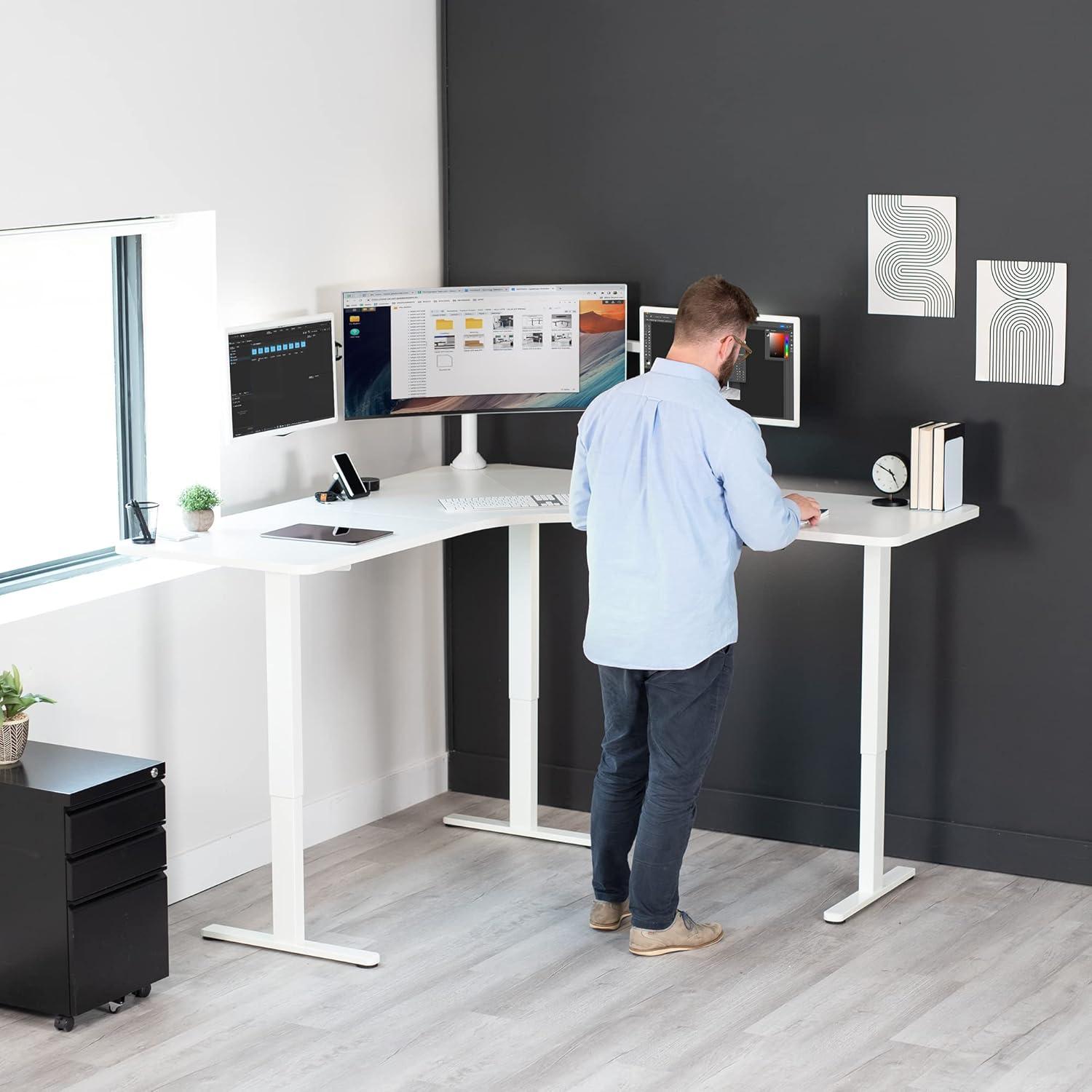 VIVO White Electric 71" x 71" Curved Corner Stand Up Desk