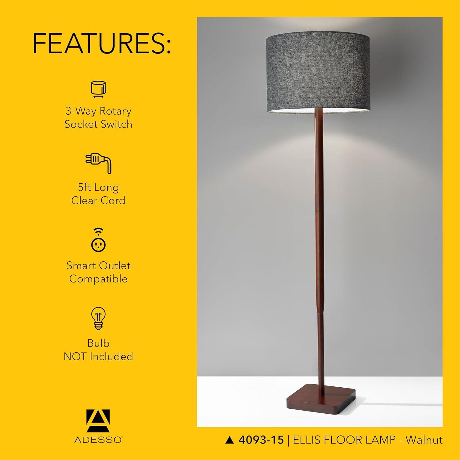 Adesso 58.5" 3-way Ellis Floor Lamp Brown: ETL Listed, Acrylic Shade, Turn Knob Switch