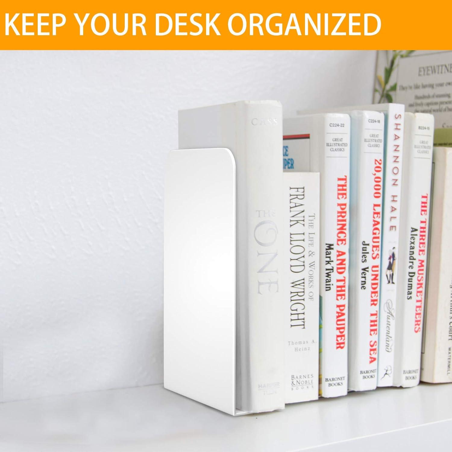 VFINE White Bookends 2 Pair, Metal Shelf Book Ends, Bookends for Shelves, Book Stopper for Heavy Books, Book Dividers for Home Office