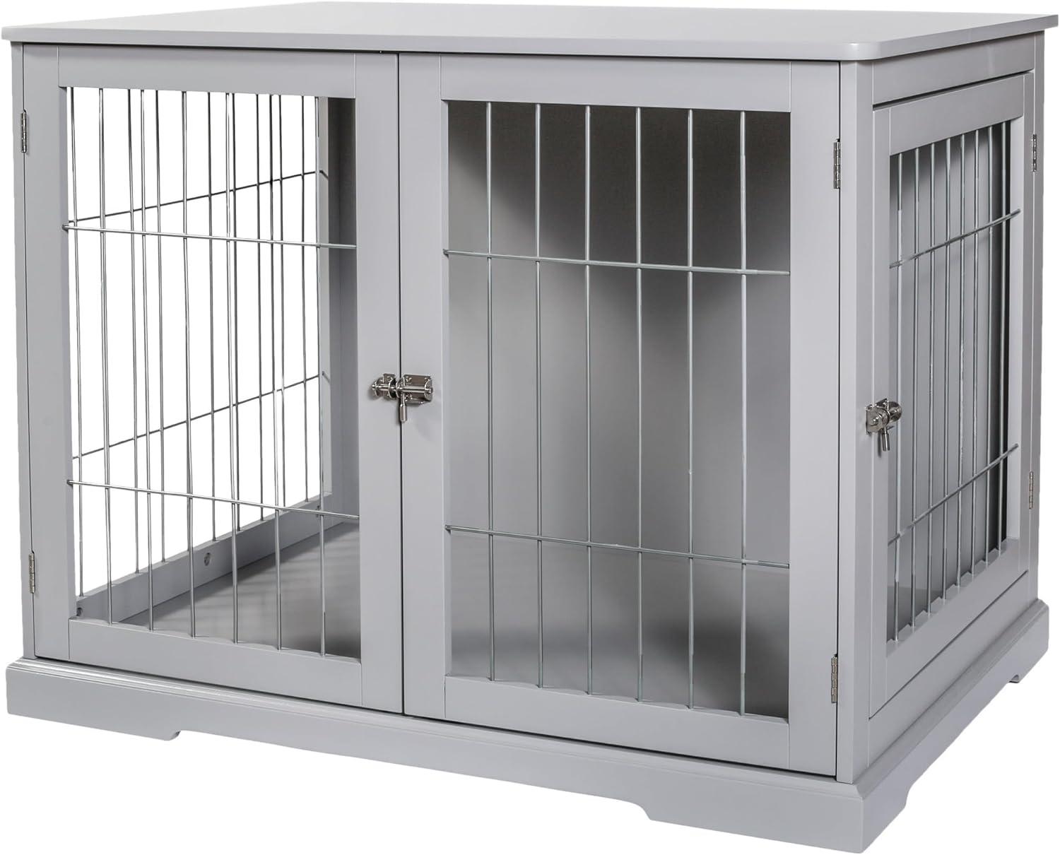 Gray Wooden Small Dog Crate Table with Lockable Doors