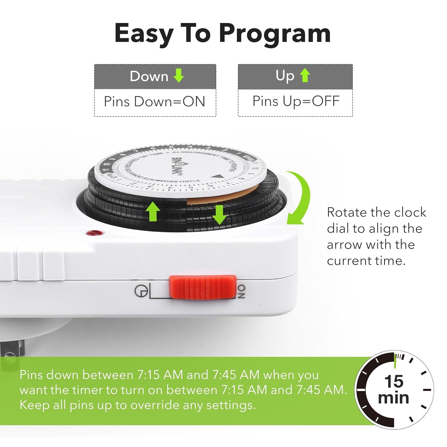 BN-LINK 24 Hour Plug-in Mechanical Timer Outlet, 3 Prong Light Timer, for Grounded Aquarium, Grow Light, Hydroponics, Pets, UL Listed
