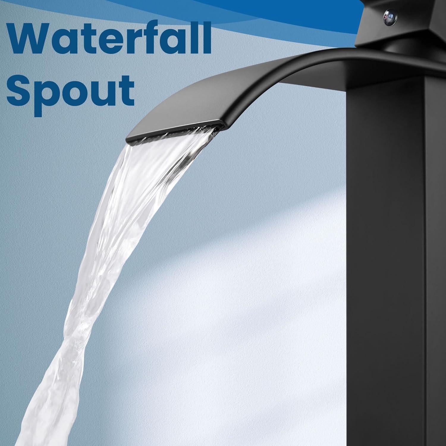 Waterfall Bathroom Faucet Single Handle，Bathroom Sink Faucet 1 Hole，Waterfall Faucet for Bathroom Sink，Vessel Sink Faucet Matte Black Tall Bathroom Faucet
