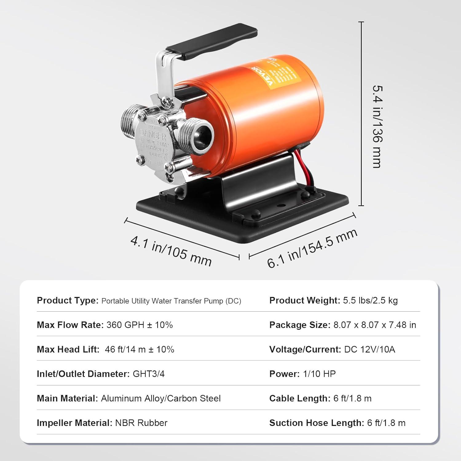 Portable Orange 12V Battery Powered Water Transfer Pump