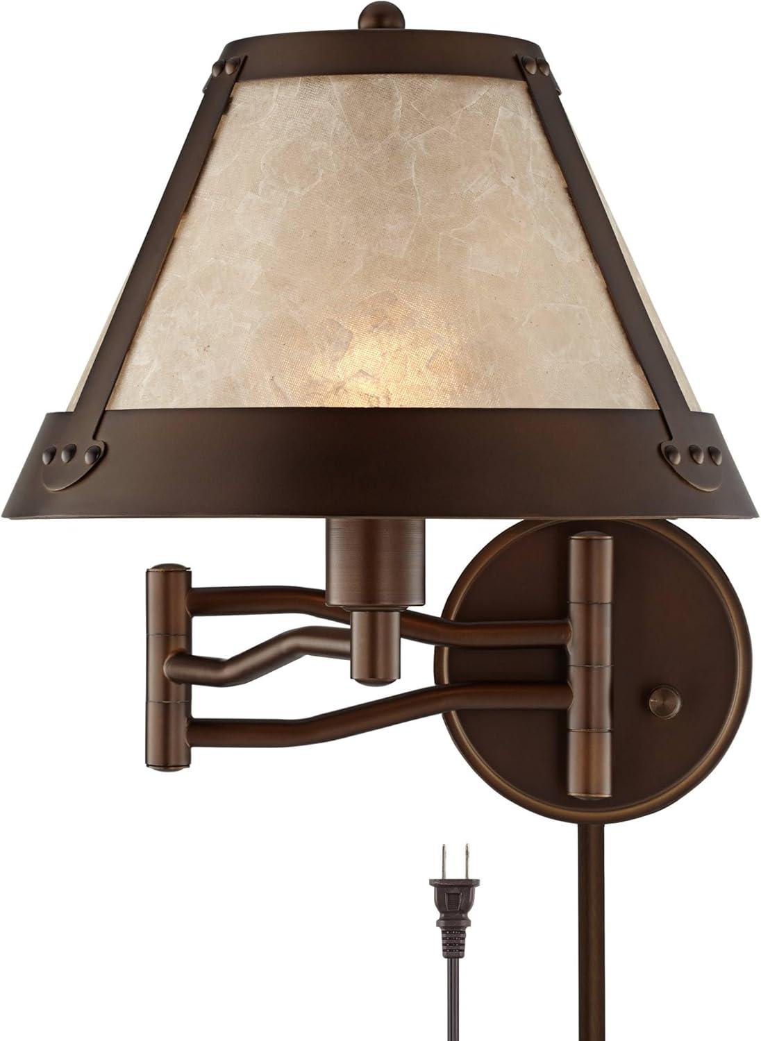 Franklin Iron Works Samuel Rustic Farmhouse Swing Arm Wall Lamp Bronze Plug-in Light Fixture Natural Mica Shade for Bedroom Bedside Living Room House