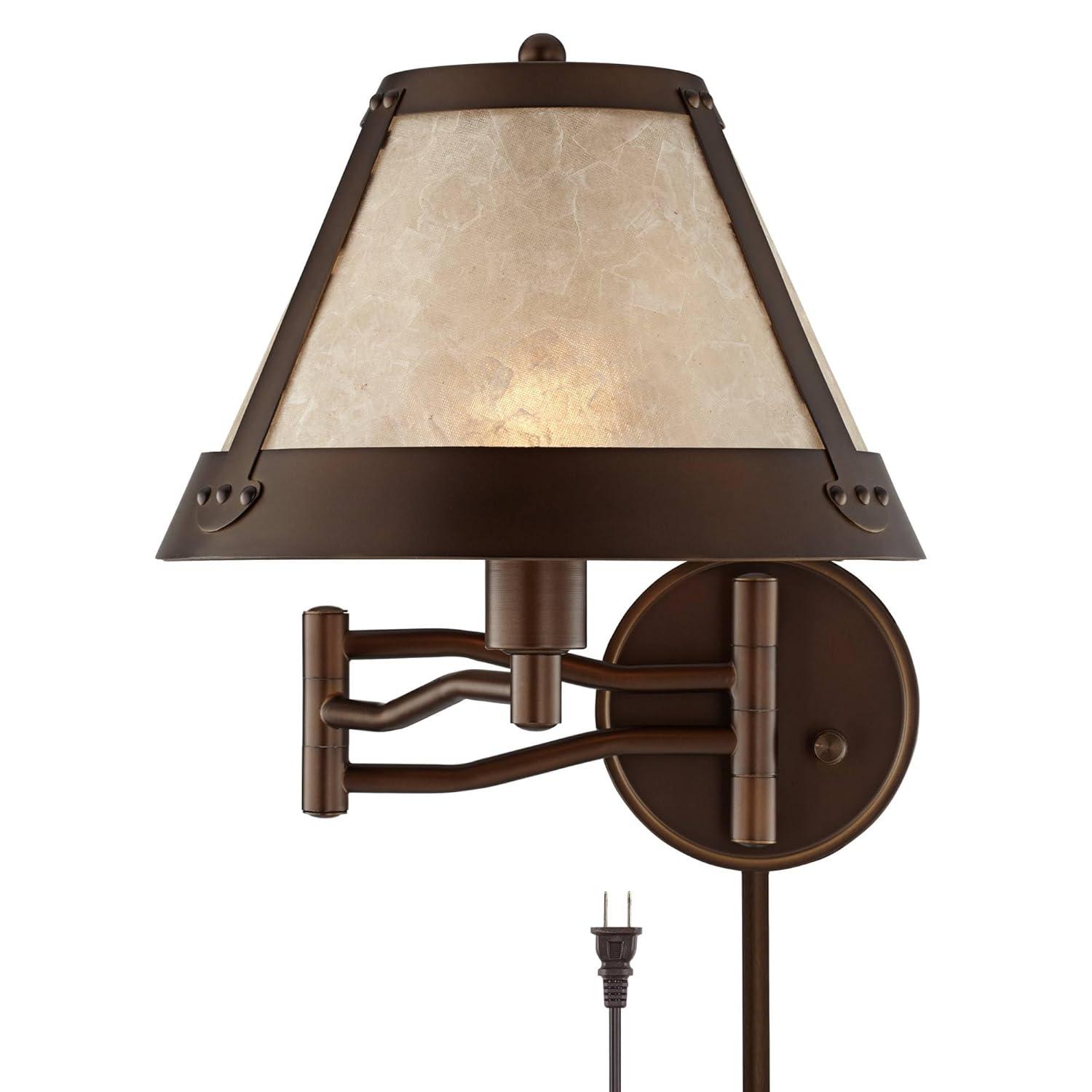 Franklin Iron Works Samuel Rustic Farmhouse Swing Arm Wall Lamp Bronze Plug-in Light Fixture Natural Mica Shade for Bedroom Bedside Living Room House