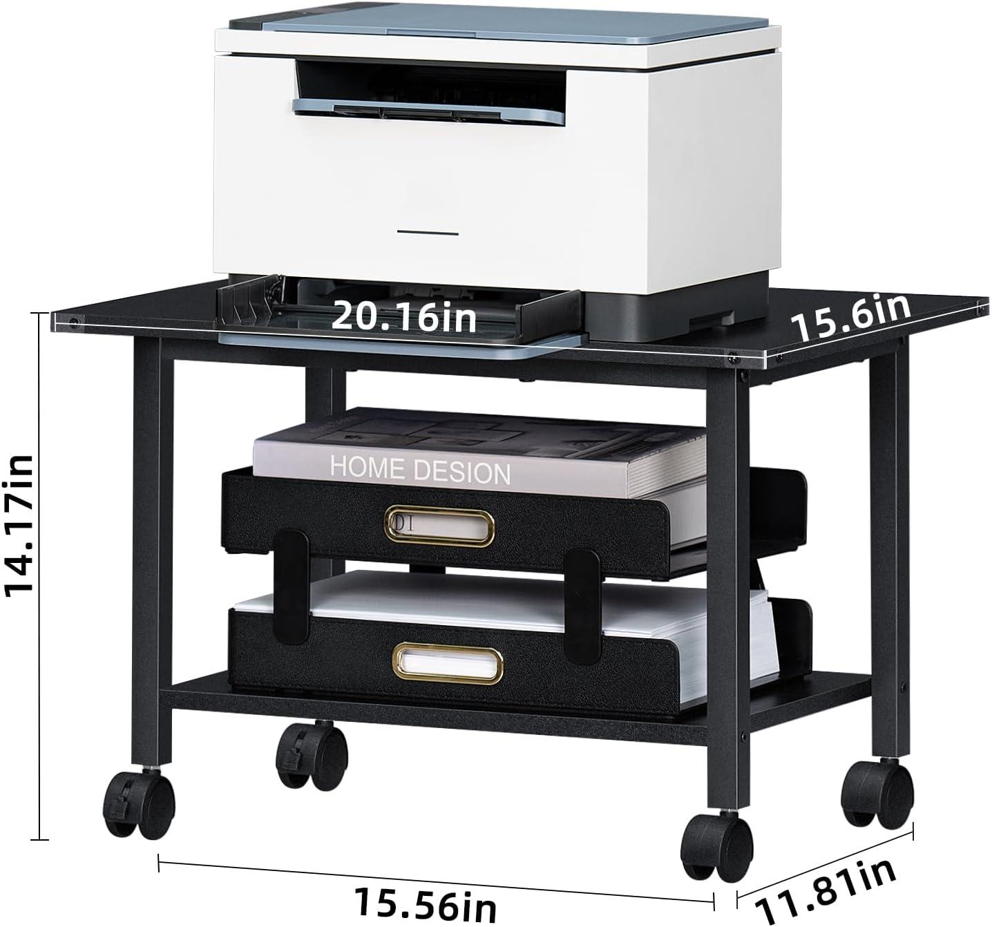 Black Metal 2-Tier Mobile Printer Stand with Shelf