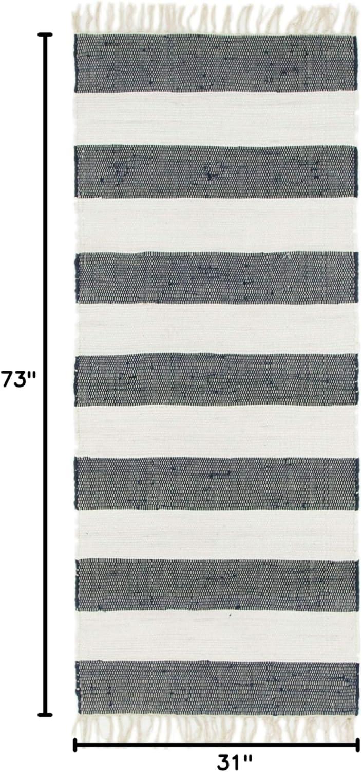 Unique Loom Chindi Rag Collection Area Rug - Striped (2' 7" x 6' 1" Runner Navy Blue/Ivory)