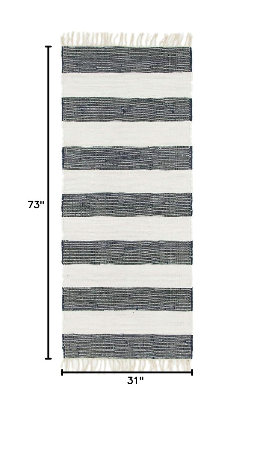 Unique Loom Chindi Rag Collection Area Rug - Striped (2' 7" x 6' 1" Runner Navy Blue/Ivory)
