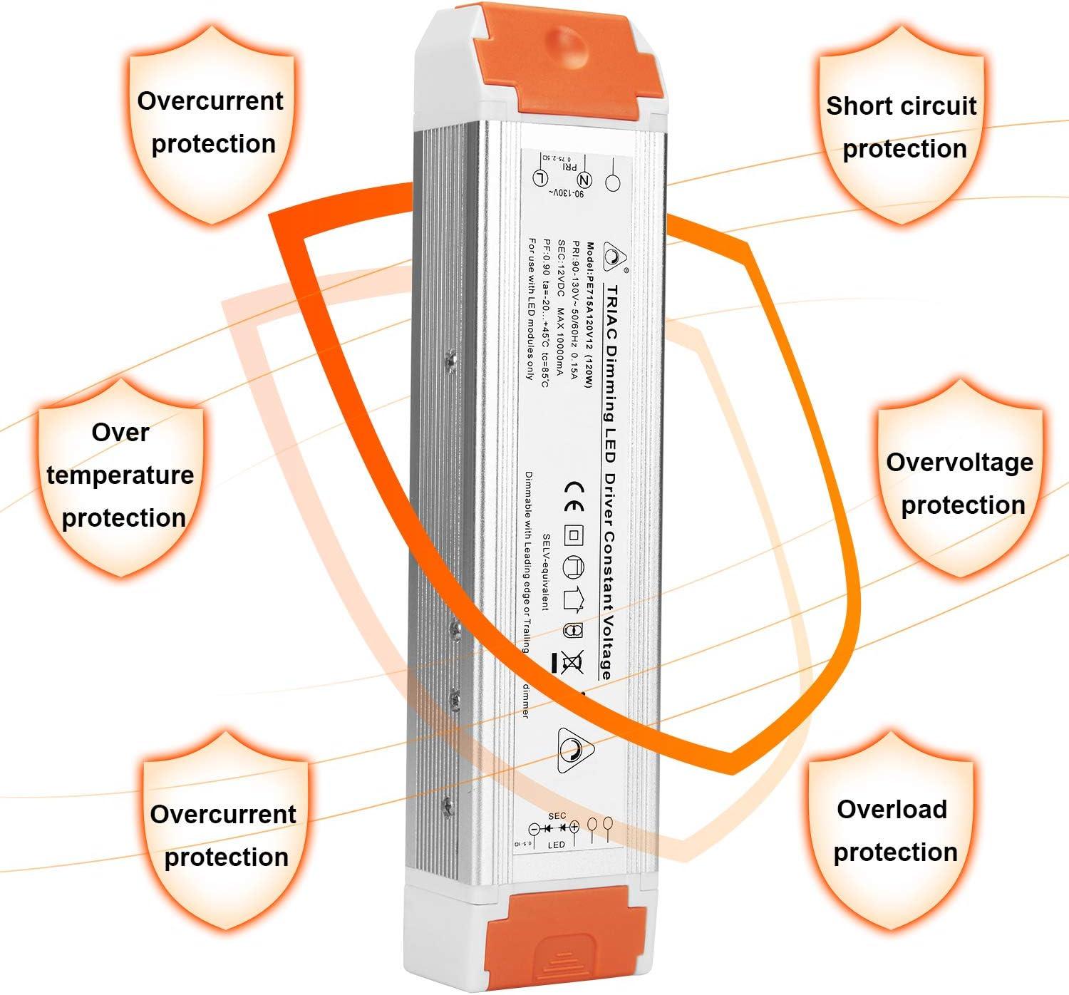 LED Dimmable Driver 120W 12V DC Quiet Operation Universal Regulated 12V Dimmable Power Supply Low Voltage Transformer for Constant LED Lights
