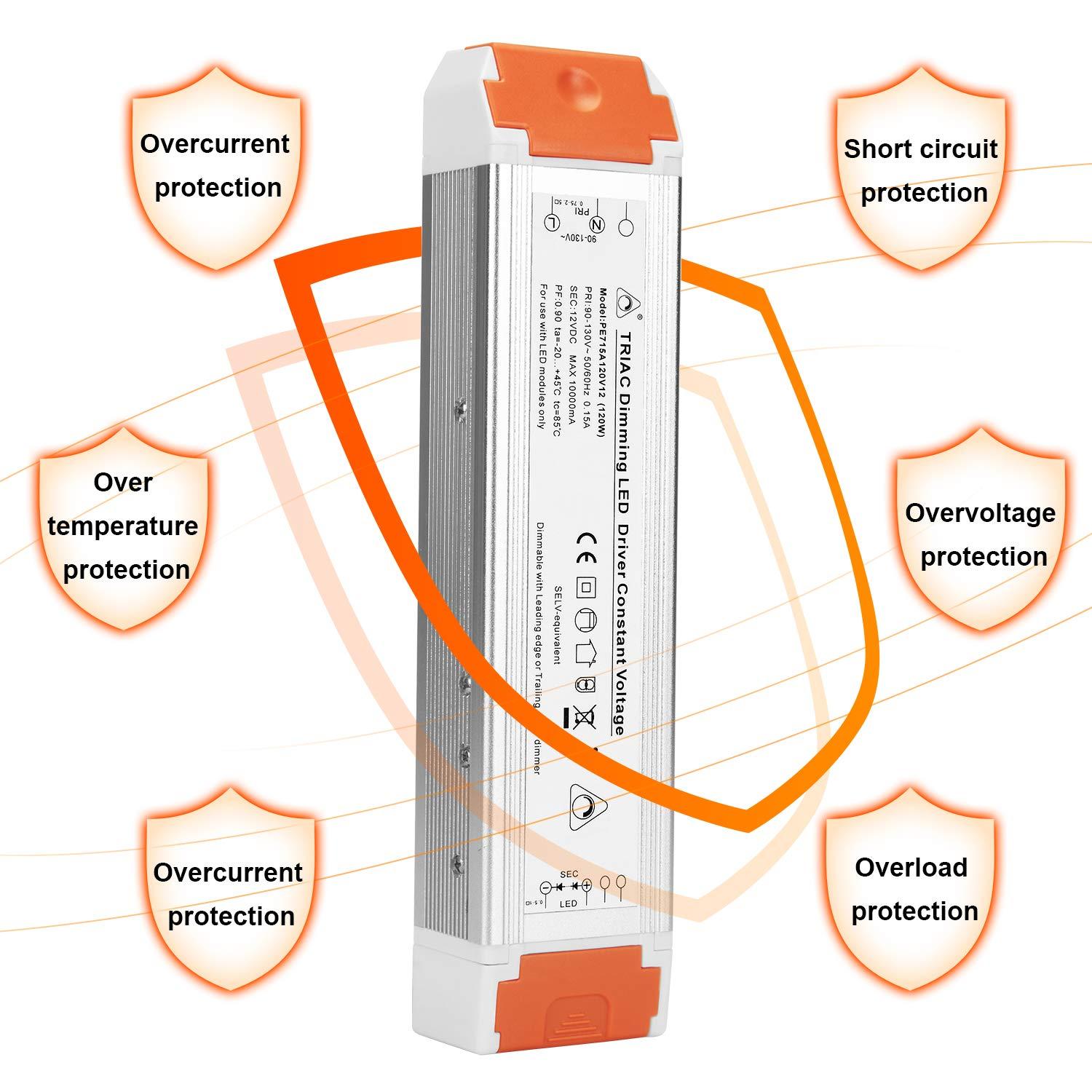 LED Dimmable Driver 120W 12V DC Quiet Operation Universal Regulated 12V Dimmable Power Supply Low Voltage Transformer for Constant LED Lights