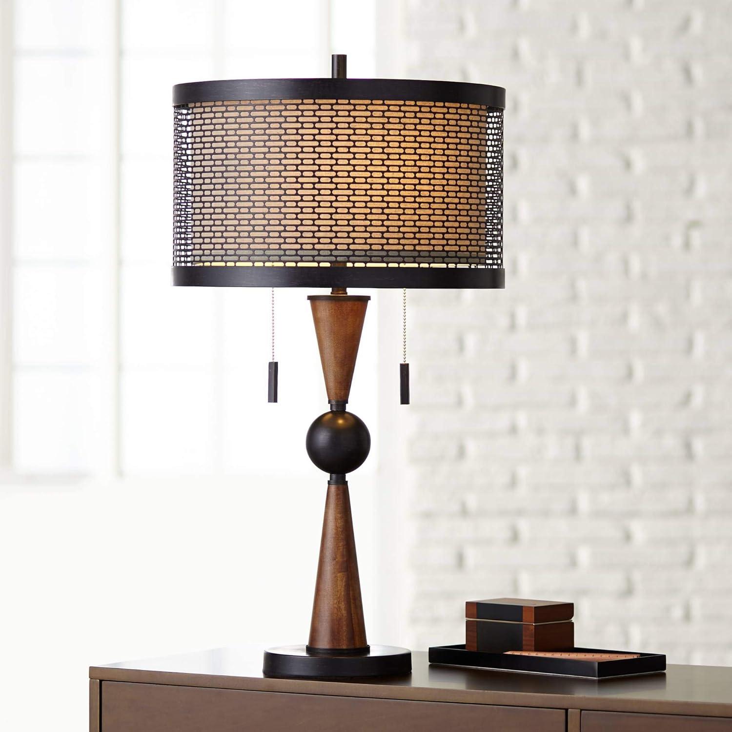Franklin Iron Works Hunter Modern Rustic Farmhouse Table Lamp 29 3/4" Tall Cherry Wood Bronze Metal Double Drum Shade for Bedroom Living Room House