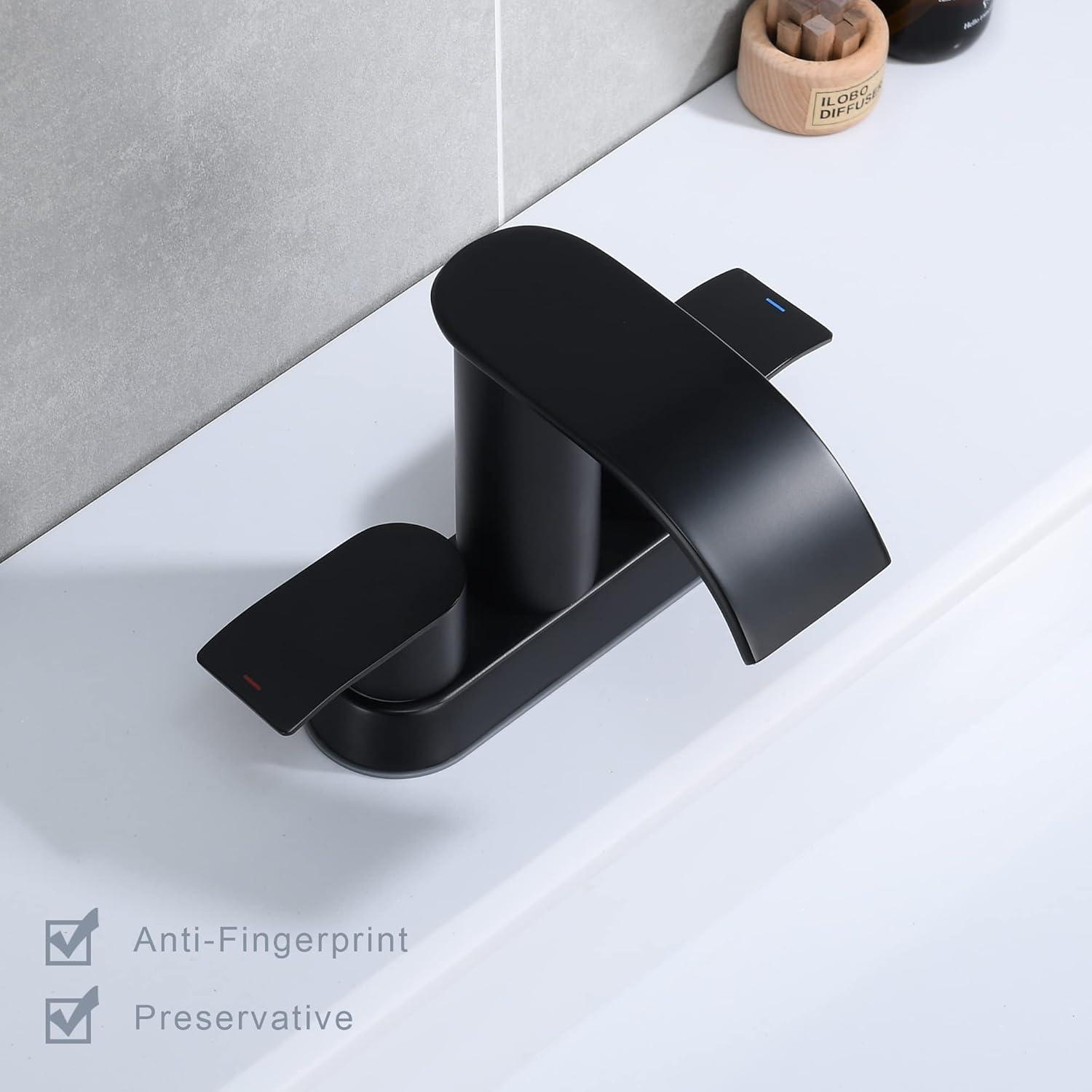 Waterfall Bathroom Sink Faucet Matte Black, Two Handles Bathroom Faucet with Metal Pop up Sink Drain Stopper, 2 or 3 Holes Bathroom Basin Lavatory Mixer Tap with Deck Mount Plate