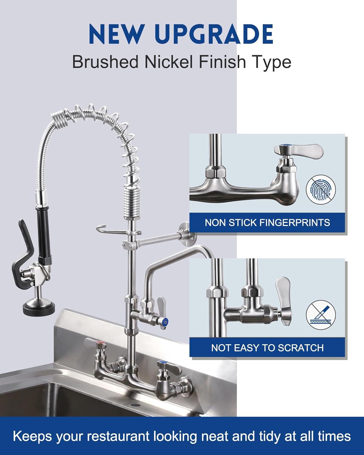 Brushed Nickel Wall Mount Commercial Kitchen Faucet with Pull Down Spray