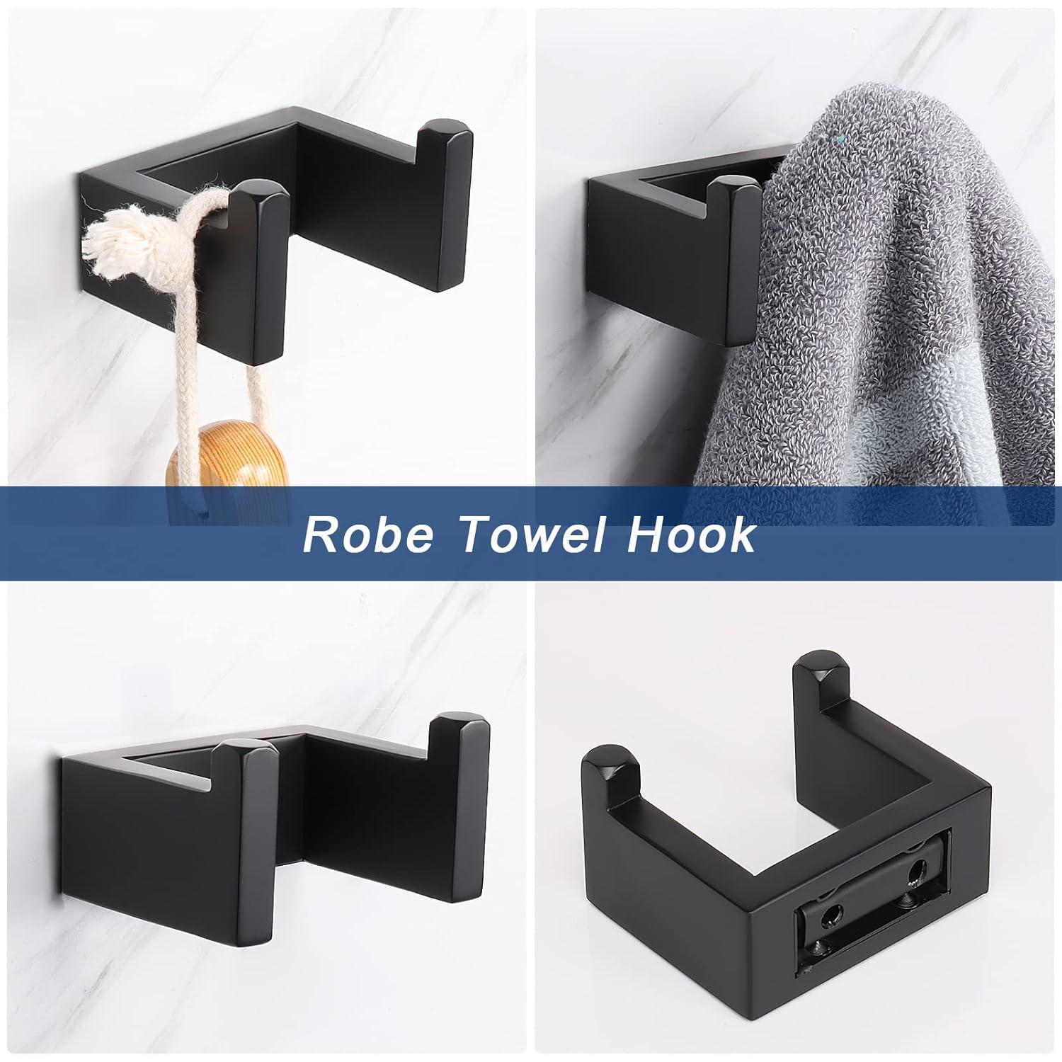 TNOMS 4 Pieces Bathroom Hardware Accessories Set Black Towel Bar Towel Holder Robe Hook Toilet Paper Holder Stainless Steel,Q8-P4BK