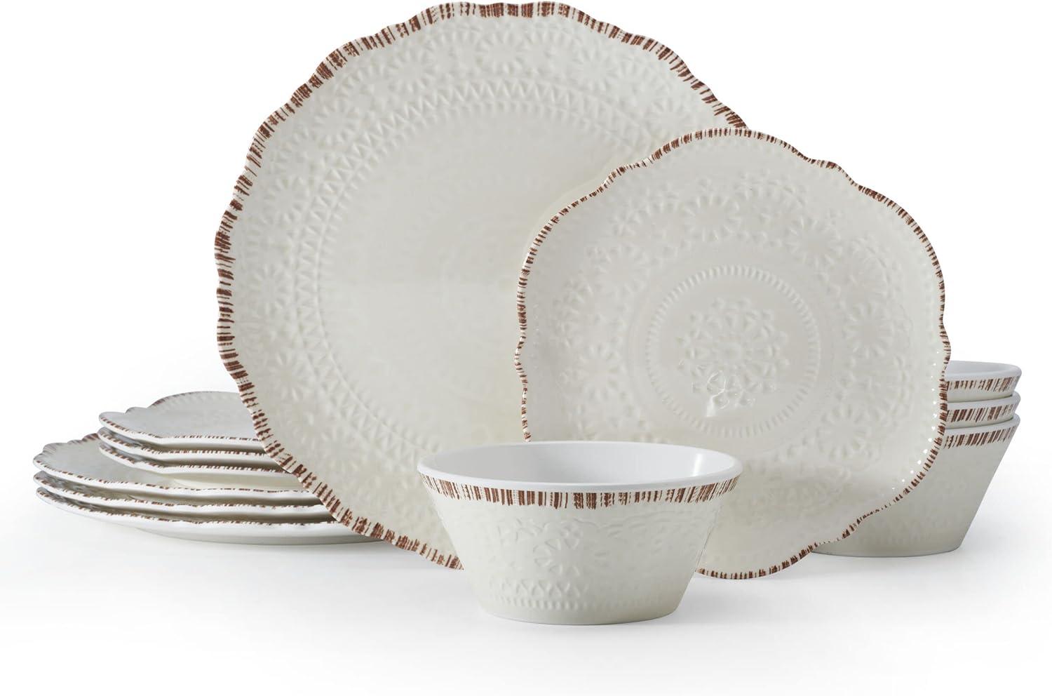 White Embossed Melamine Dinnerware Set, Service for 4