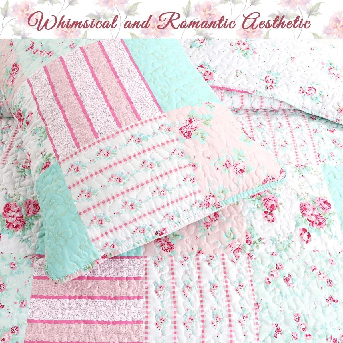 Pink and Turquoise Floral Reversible Twin Microfiber Quilt Set