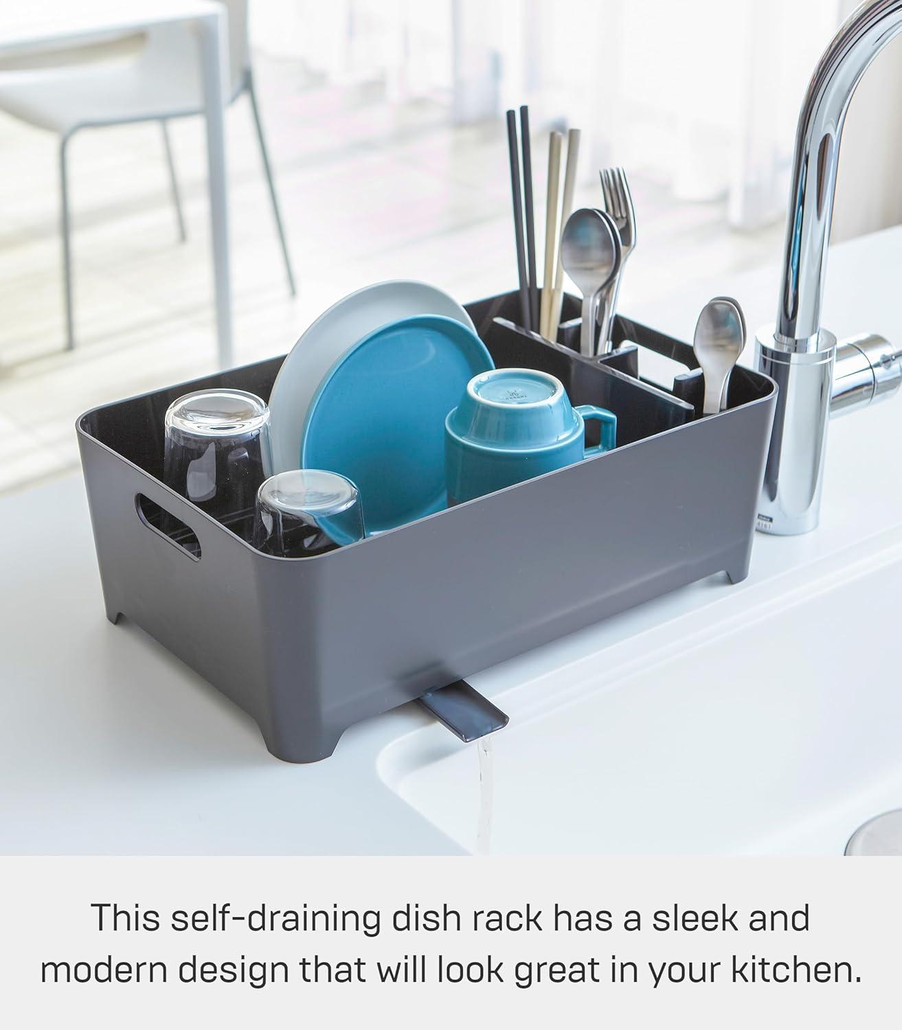 Yamazaki Home Tower Yamazaki Home Dish Drying Rack with Drainage Spout, 1.25 gallon, Utensil Holder, Handles