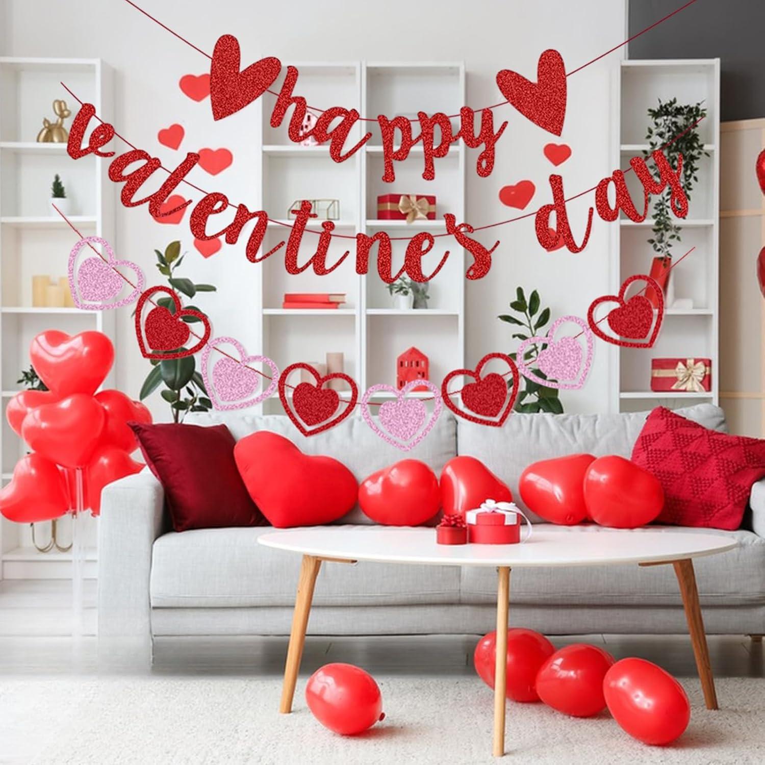 Glittery Heart Valentine's Day Banner, Red & Pink Sparkling Hollow Heart Shape DIY Paper Banner for Wedding Decoration