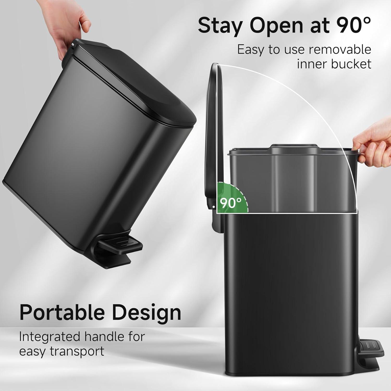 Slim Matte Black Stainless Steel Soft Close Trash Can