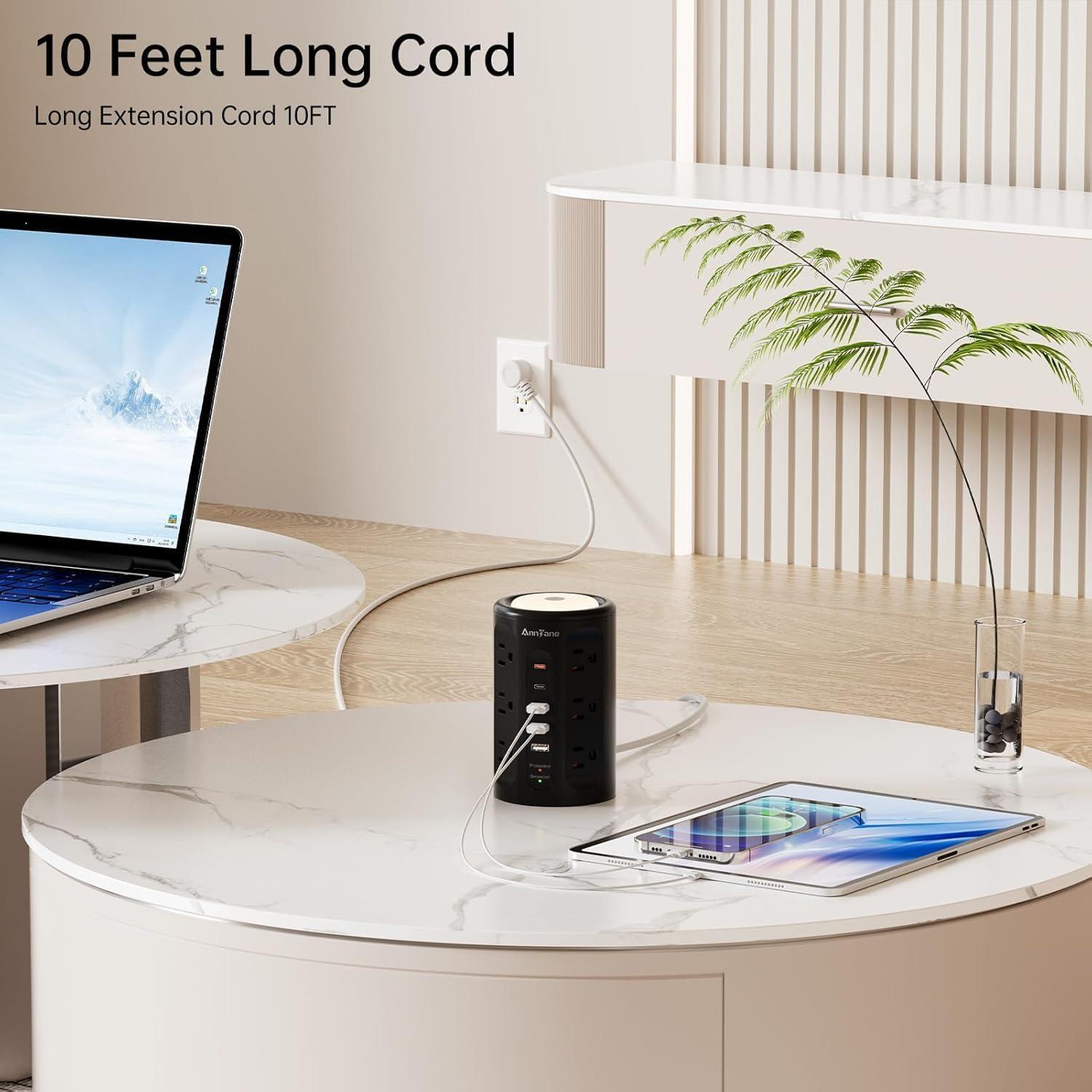 Power Strip Tower with Night Light, Power Strip Surge Protector with USB Ports, Extension Cord 10 FT with Multiple Outlets (12AC+3A+2C) for Home Office Desk DormRoom (Black)