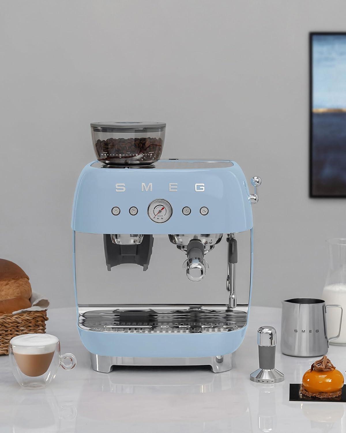 SMEG Pastel Blue Semi-Automatic Espresso Machine with Milk Frother
