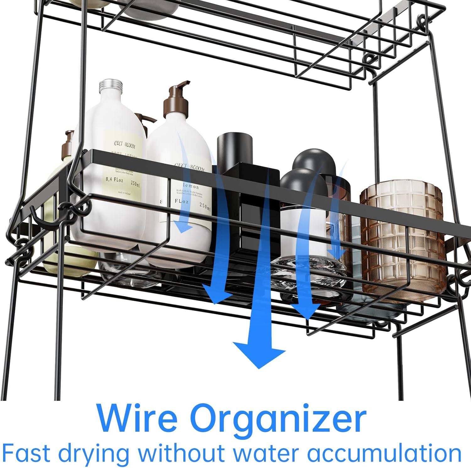 NiHome Waterproof Iron 3-Shelf Bathroom Organizer with Hooks, Black