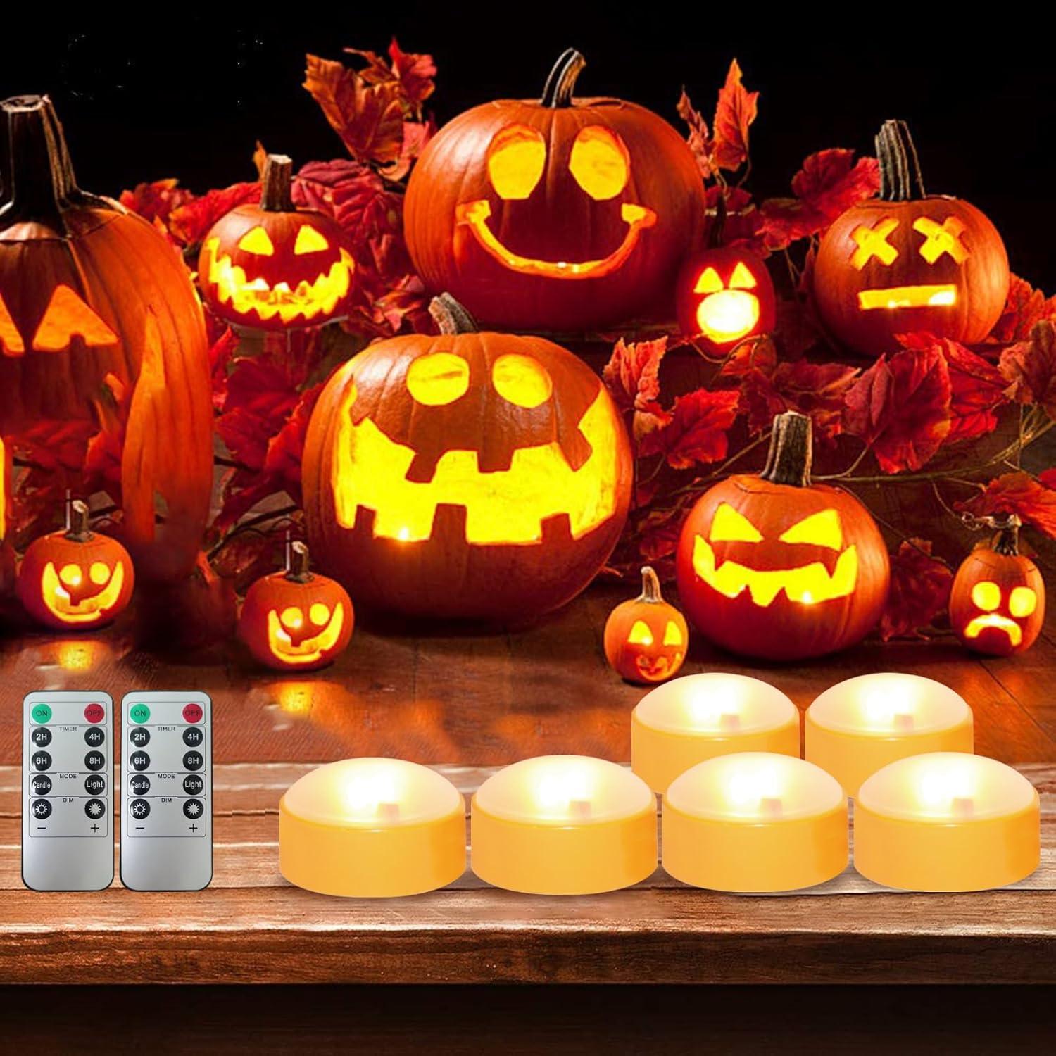 Pumpkin Lights with Remote and Timer, Battery Operated Bright Flickering Flameless Candles for Pumpkin Decor, Jack-O-Lantern Halloween Party Decorations,Orange Color, 6 Pack